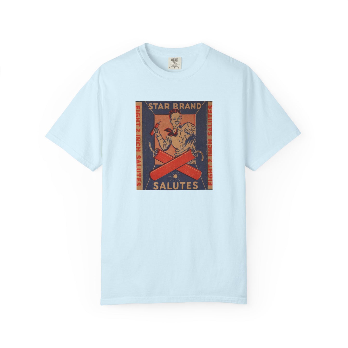 Star Brand Salutes t-shirt true navy — vintage fireworks label art — The Faded Label Co.