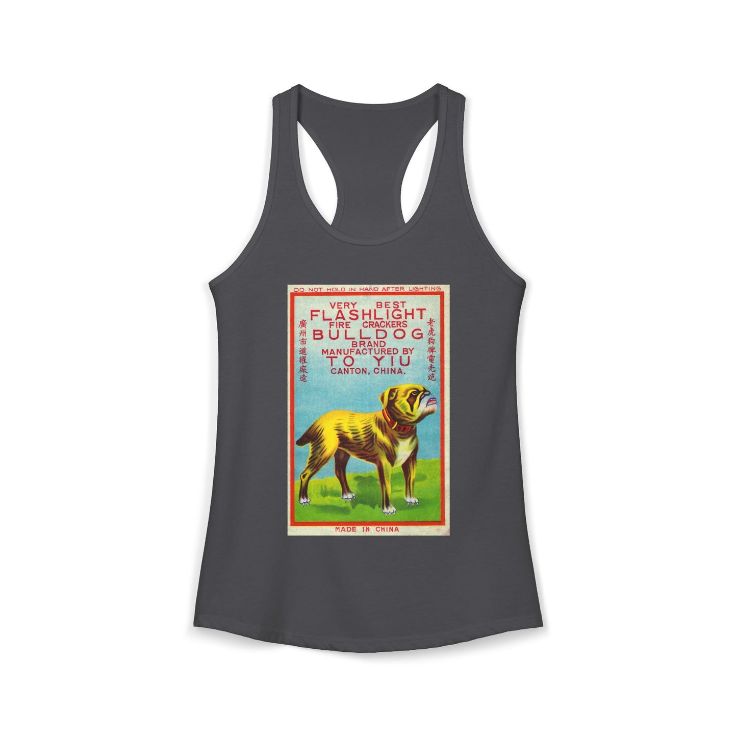 Bulldog Firecrackers racerback tank red — vintage firecracker label graphic — The Faded Label Co.