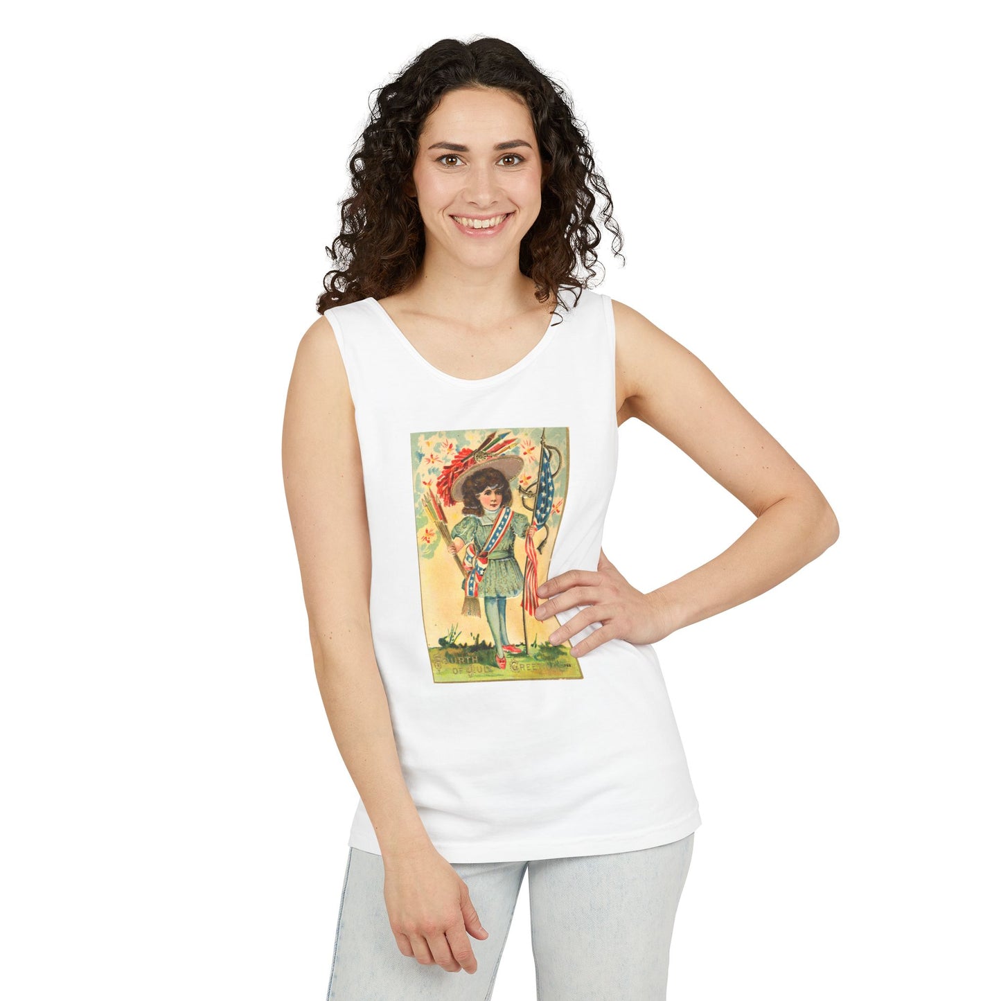 4th of July Patriotic Girl tank top lifestyle front — early 1900s chromolithograph postcard art — The Faded Label Co.