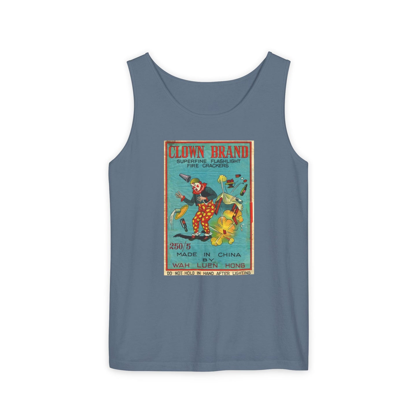 Clown Brand Firecrackers tank top detail — mid-century fireworks packaging art — The Faded Label Co.