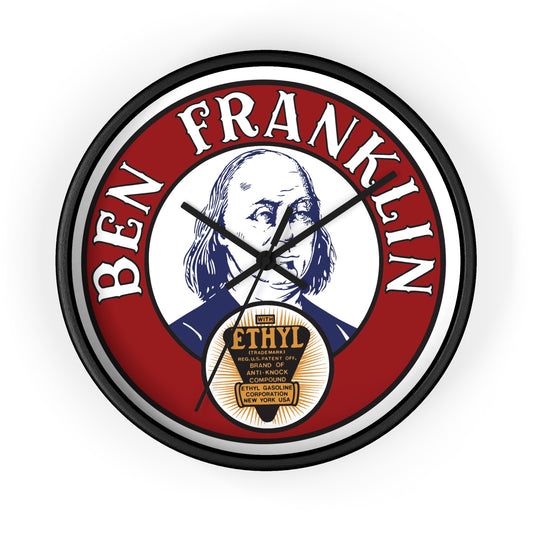 Ben Franklin Gasoline wall clock — vintage petroliana decor — The Faded Label Co.