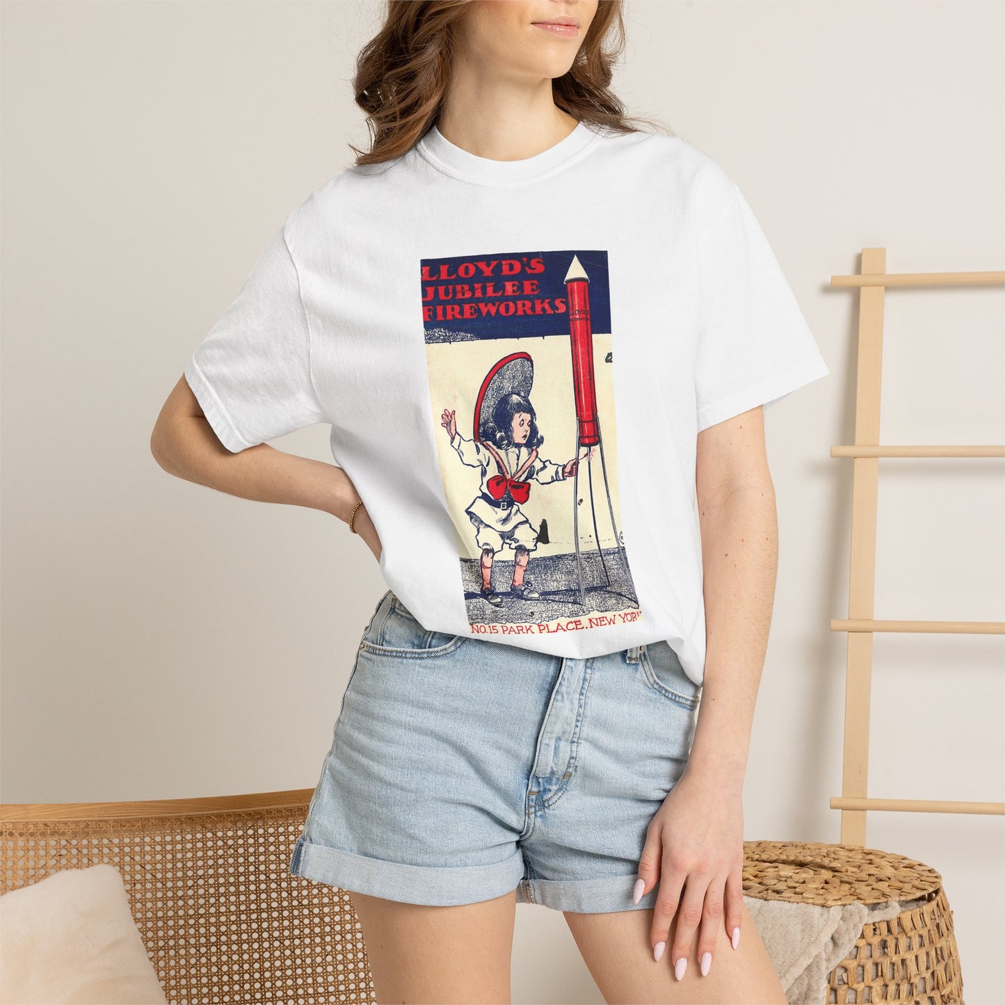 Lloyd's Jubilee Firecrackers t-shirt flat lay — vintage Independence Day graphic tee — The Faded Label Co.