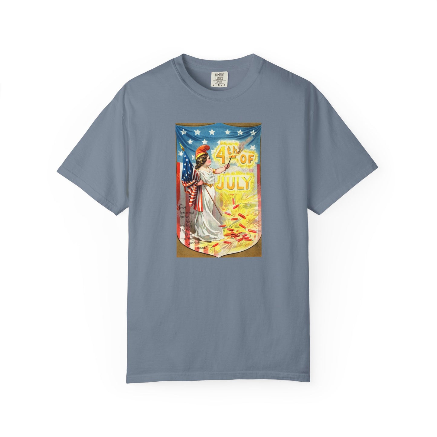 4th of July Flag Girl t-shirt pepper — vintage Columbia patriotic postcard art — The Faded Label Co.