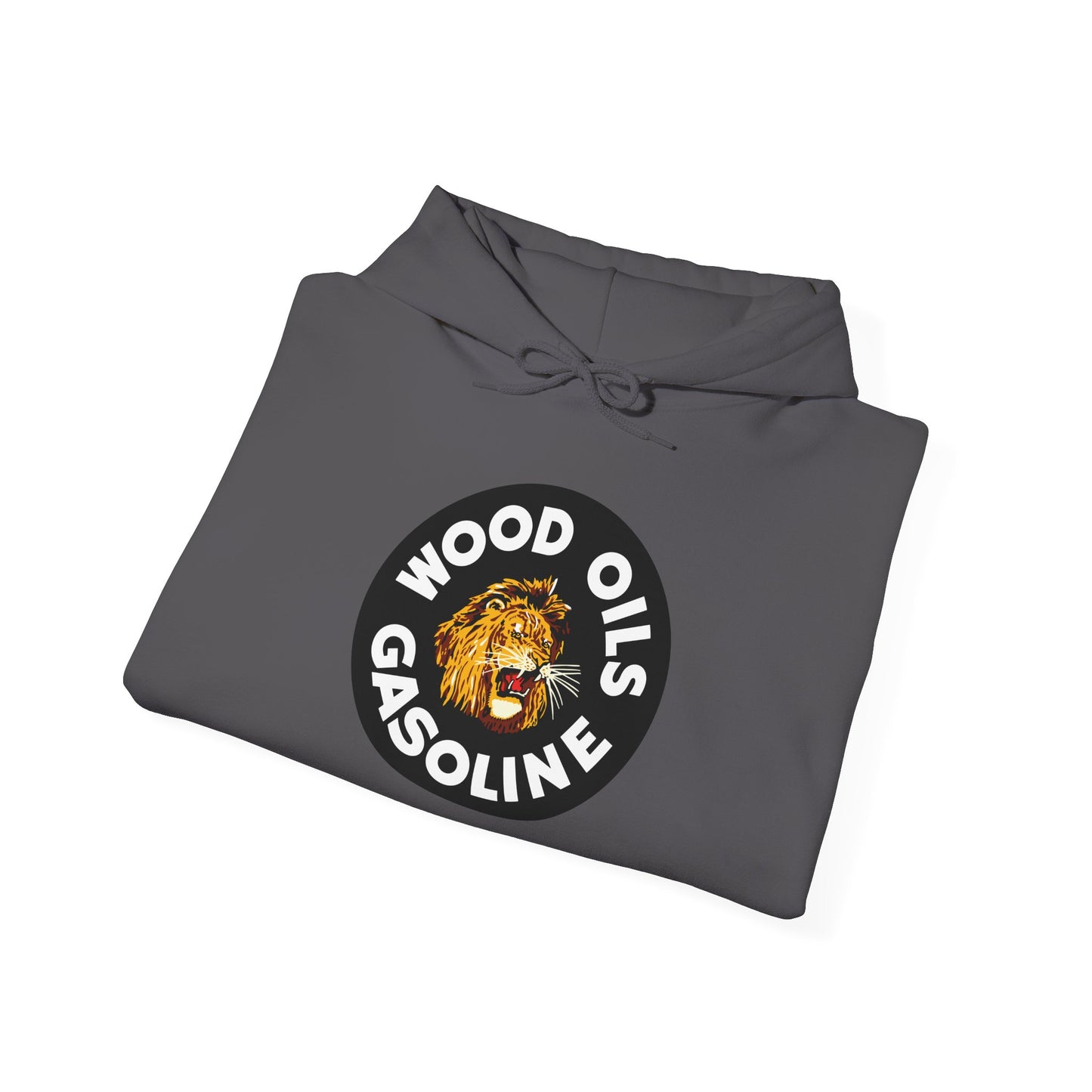 Lion Emblem Gasoline Hoodie — 'Wood Oils Gasoline' Retro Logo Sweatshirt