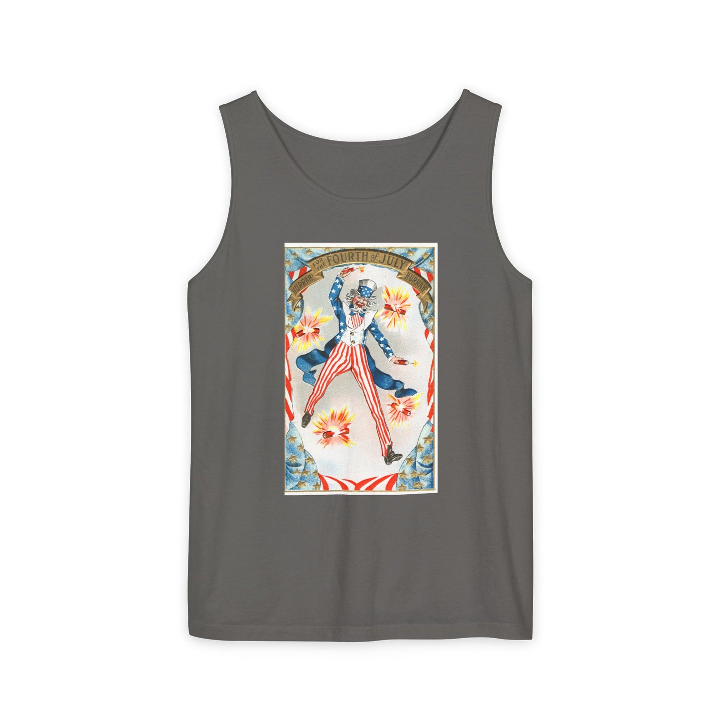 Hurrah Fourth of July Uncle Sam tank top crimson — vintage patriotic postcard art — The Faded Label Co.