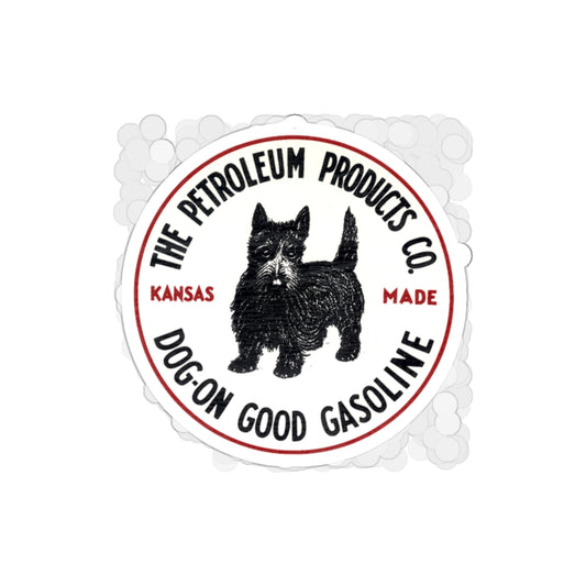 Dog-On Good Gasoline die-cut sticker — vintage Scottie dog petroliana art — The Faded Label Co.