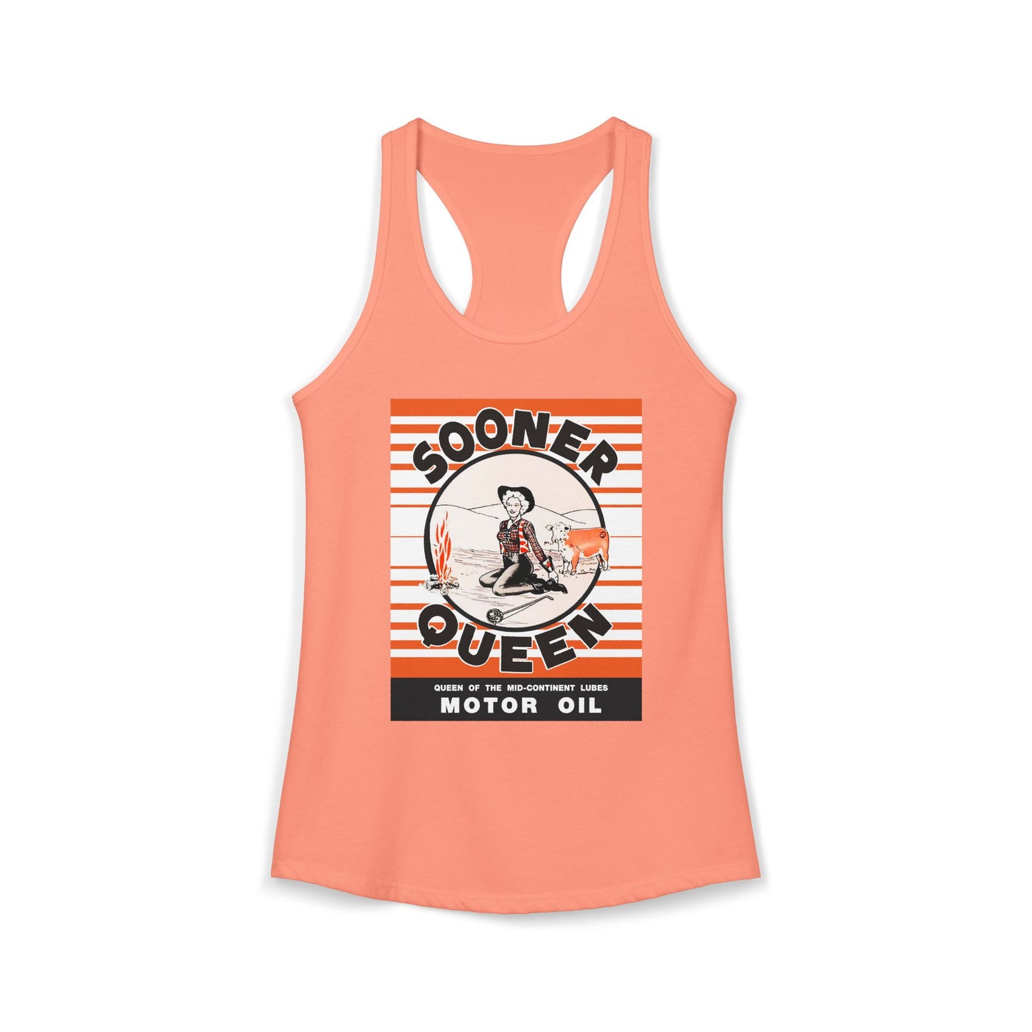 Sooner Queen Motor Oil racerback tank white — vintage cowgirl oil can art — The Faded Label Co.