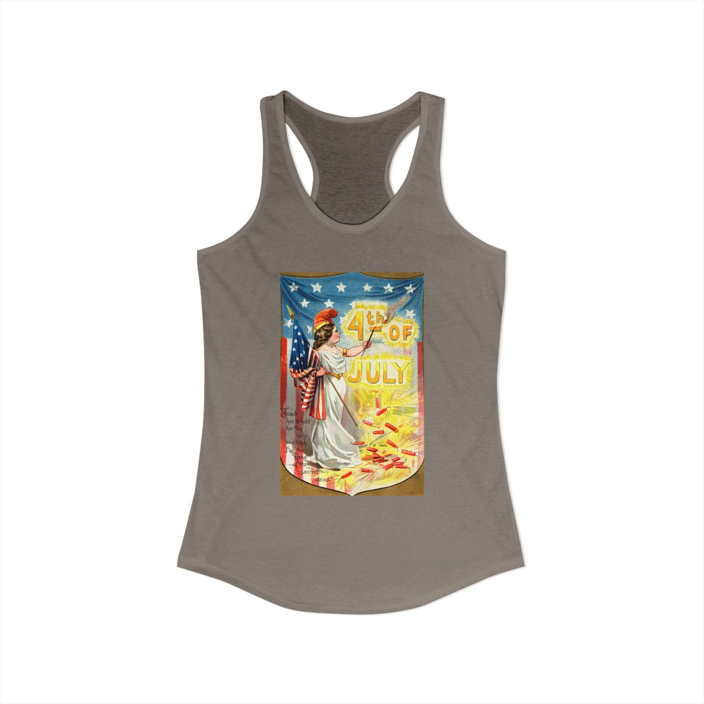 4th of July Flag Girl racerback tank red — vintage Columbia patriotic postcard art — The Faded Label Co.