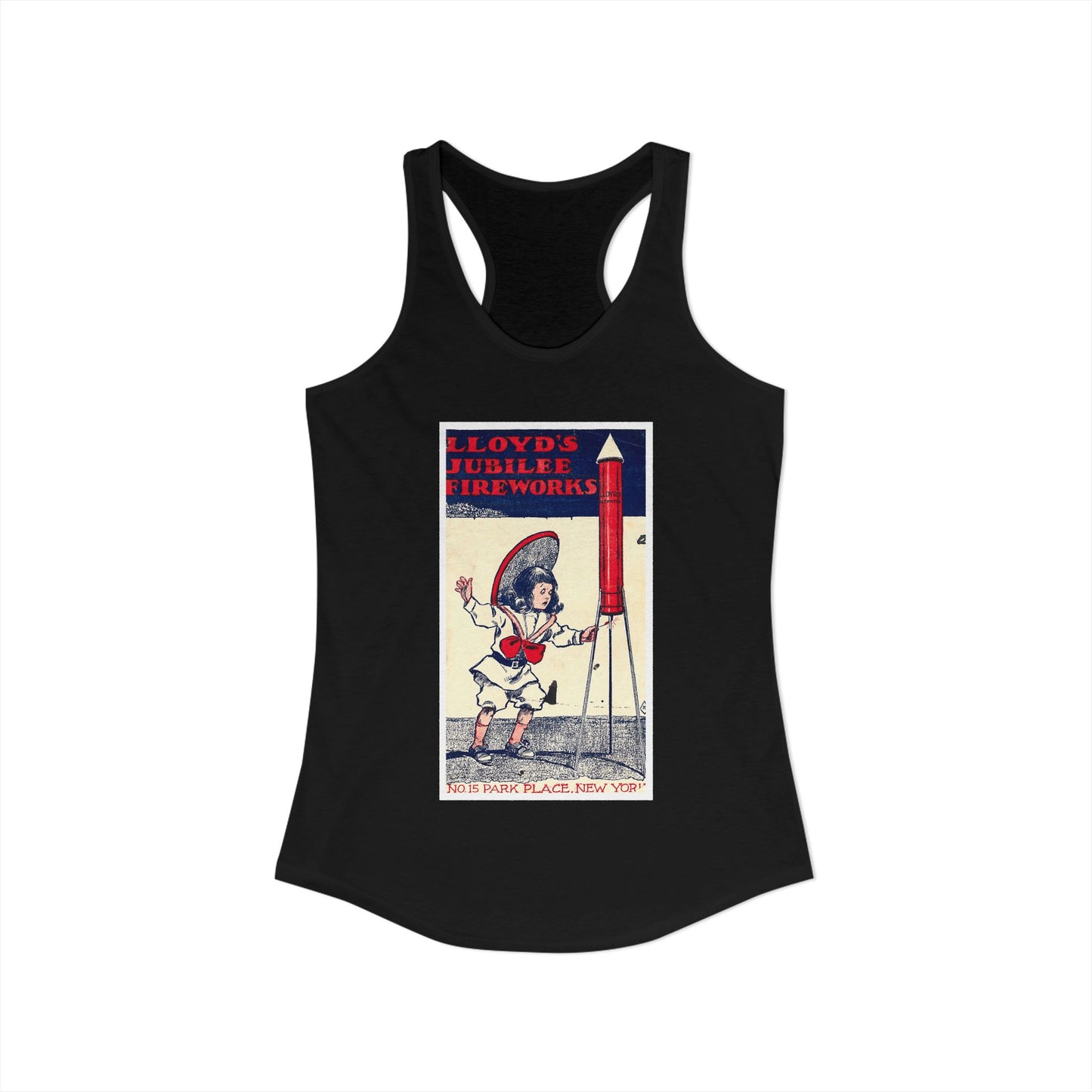 Lloyd's Jubilee Firecrackers racerback tank black — vintage patriotic fireworks label art — The Faded Label Co.