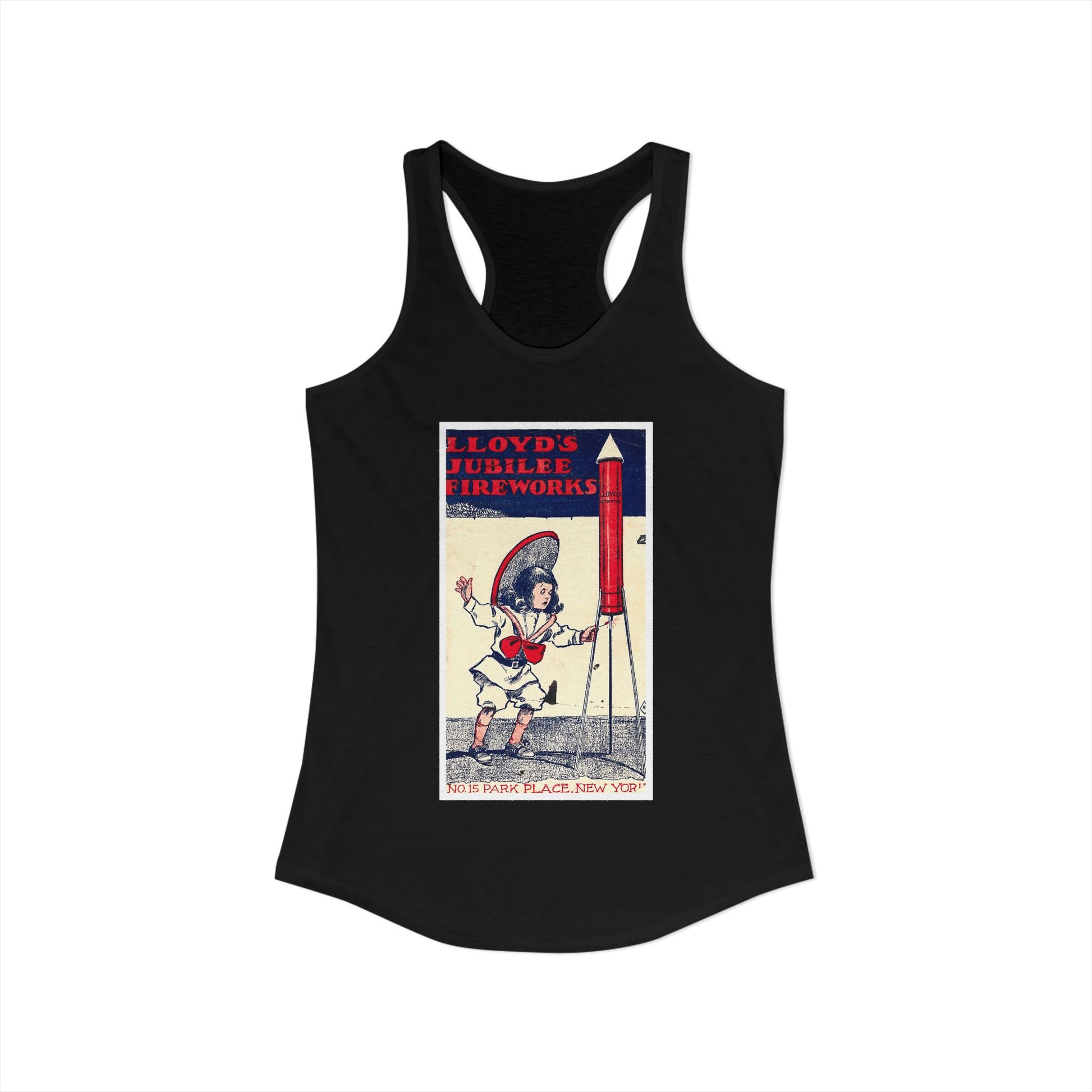 Lloyd's Jubilee Firecrackers racerback tank black — vintage patriotic fireworks label art — The Faded Label Co.