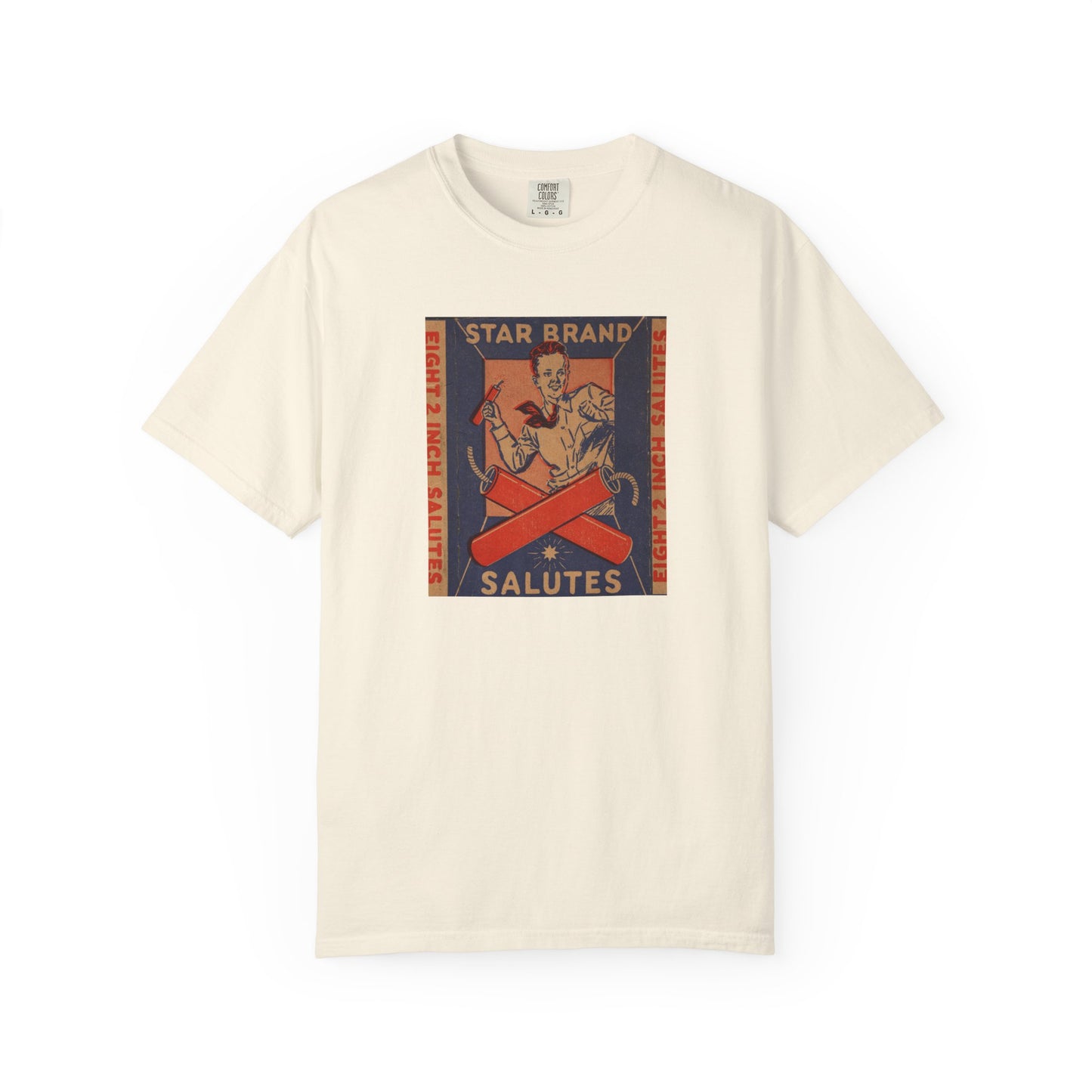Star Brand Salutes t-shirt blue jean — vintage fireworks label art — The Faded Label Co.