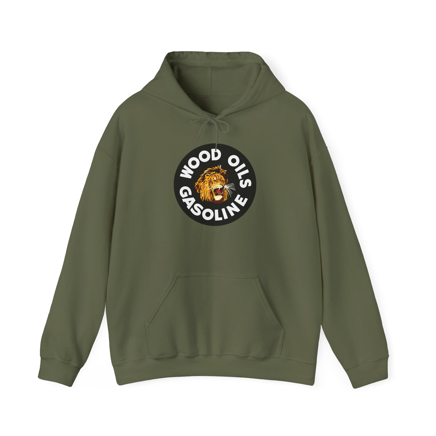 Lion Emblem Gasoline Hoodie — 'Wood Oils Gasoline' Retro Logo Sweatshirt