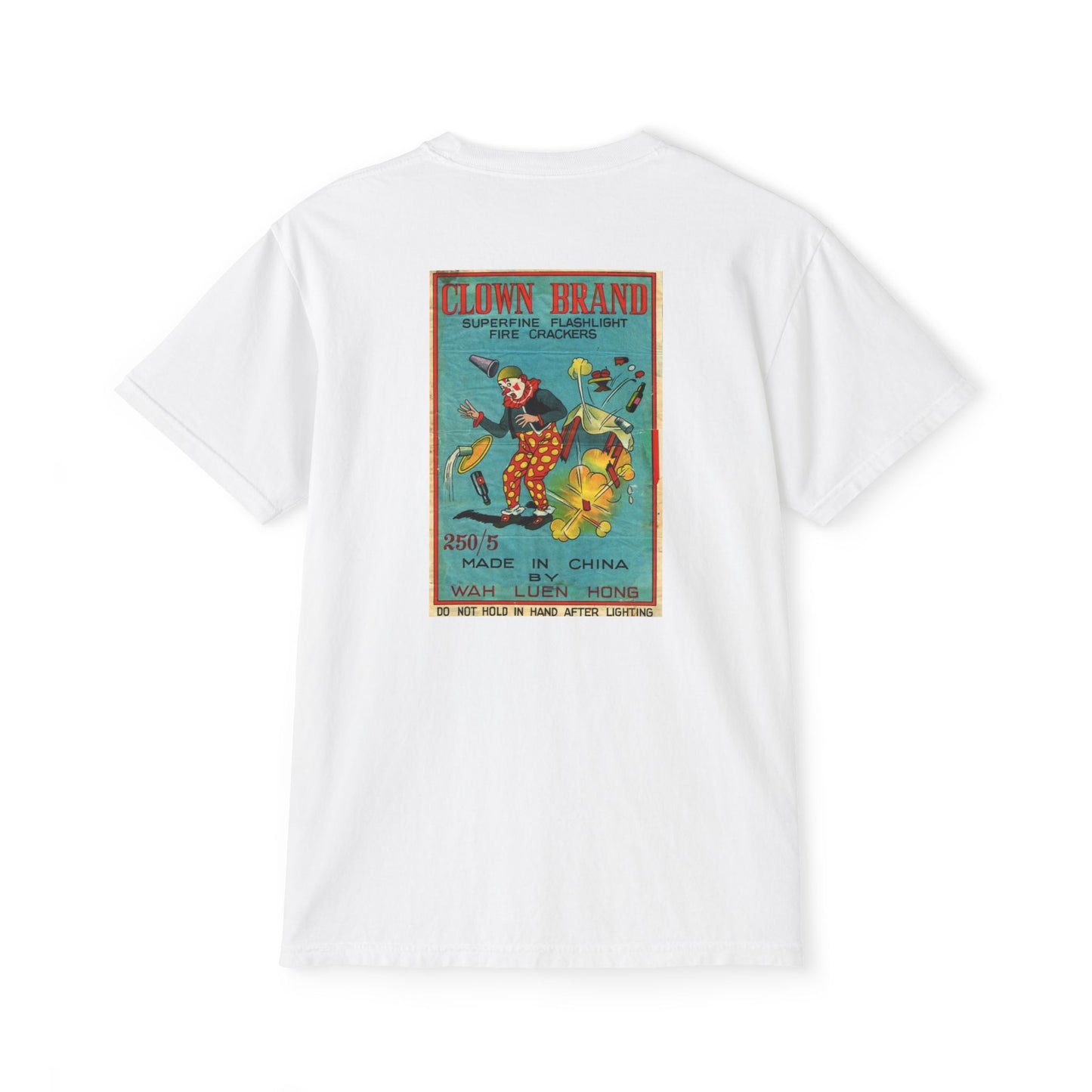 Clown Brand Firecrackers pocket t-shirt white — person wearing — The Faded Label Co.