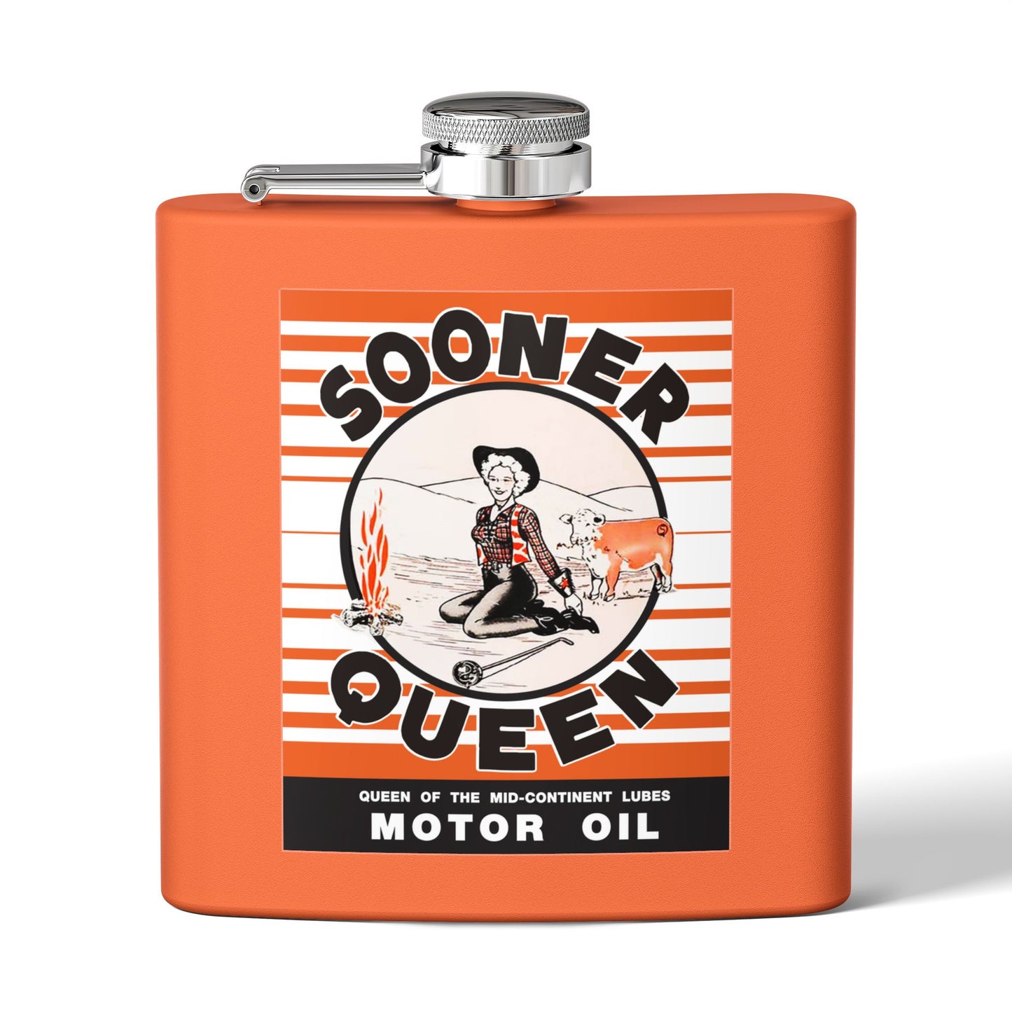 Sooner Queen Motor Oil flask detail — vintage Oklahoma petroliana gift — The Faded Label Co.