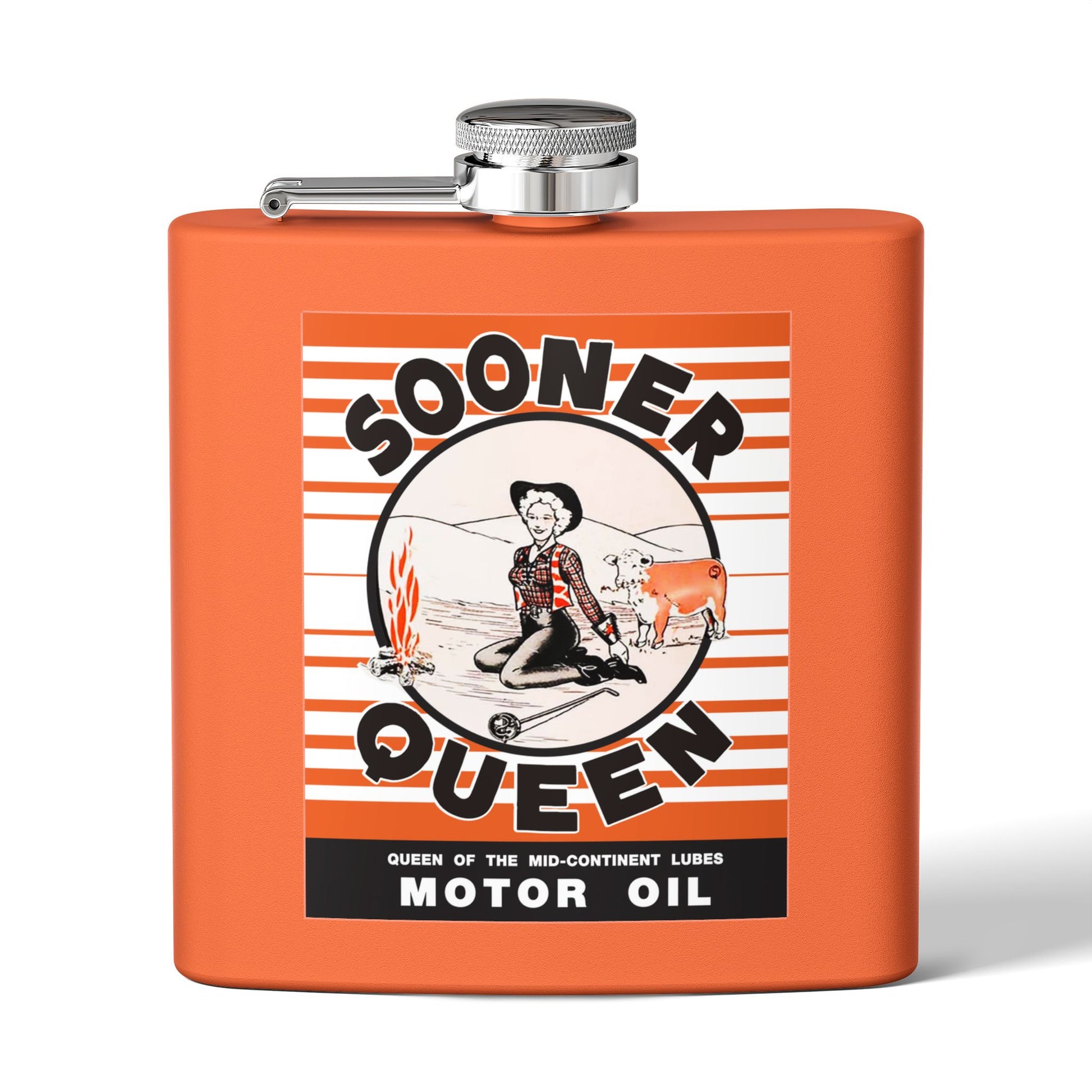 Sooner Queen Motor Oil flask detail — vintage Oklahoma petroliana gift — The Faded Label Co.