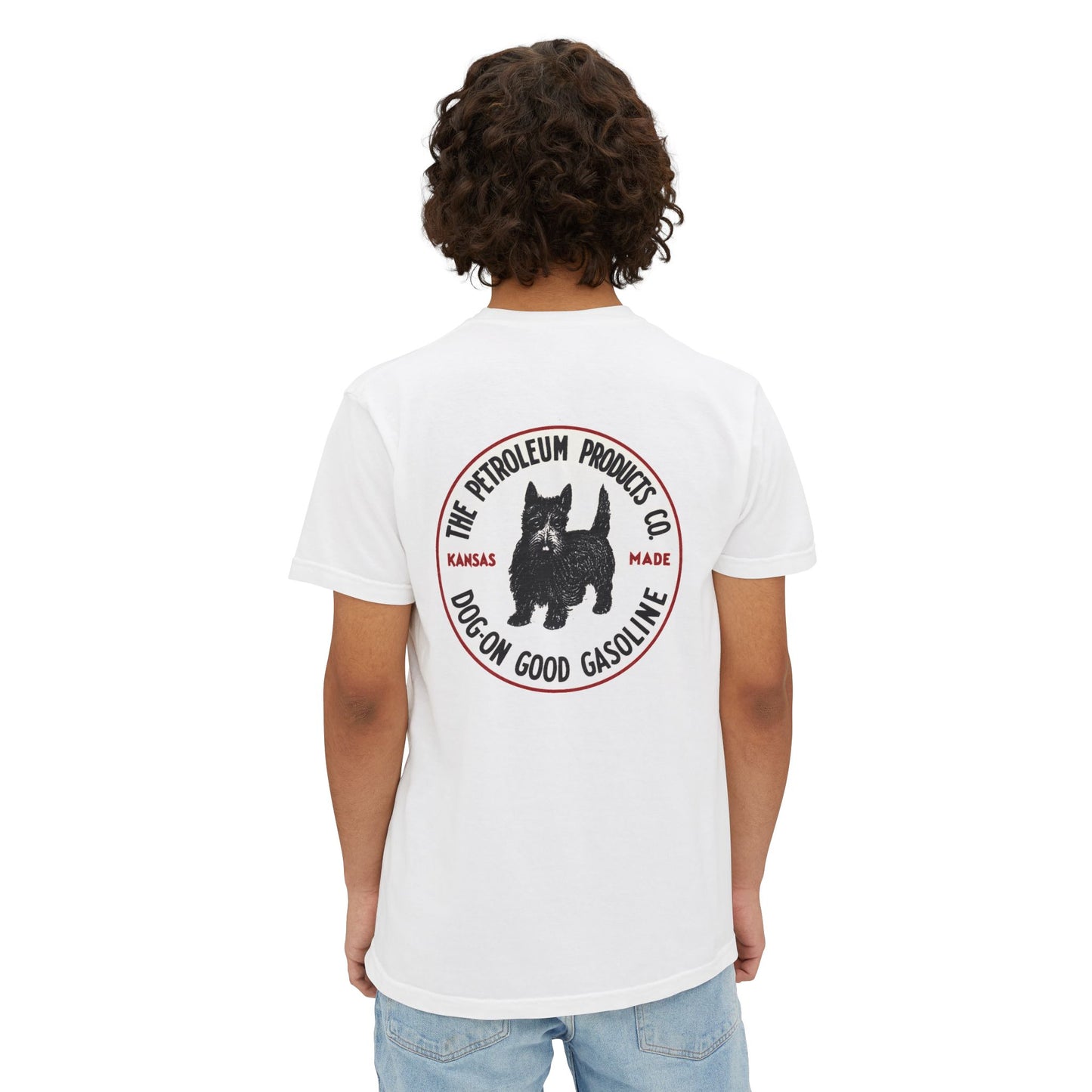 Dog-On Good Gasoline pocket tee detail — chest pocket print — The Faded Label Co.