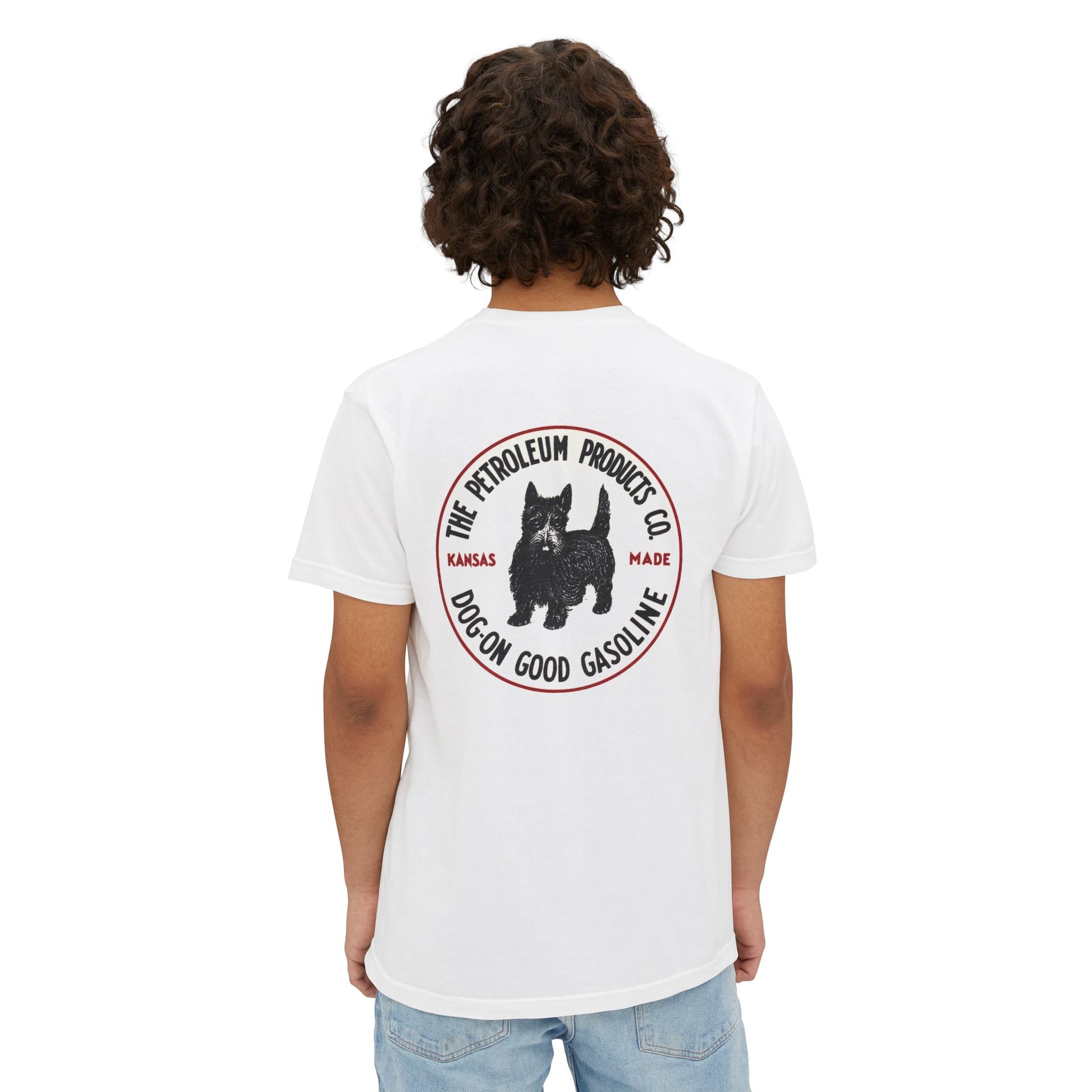 Dog-On Good Gasoline pocket tee detail — chest pocket print — The Faded Label Co.