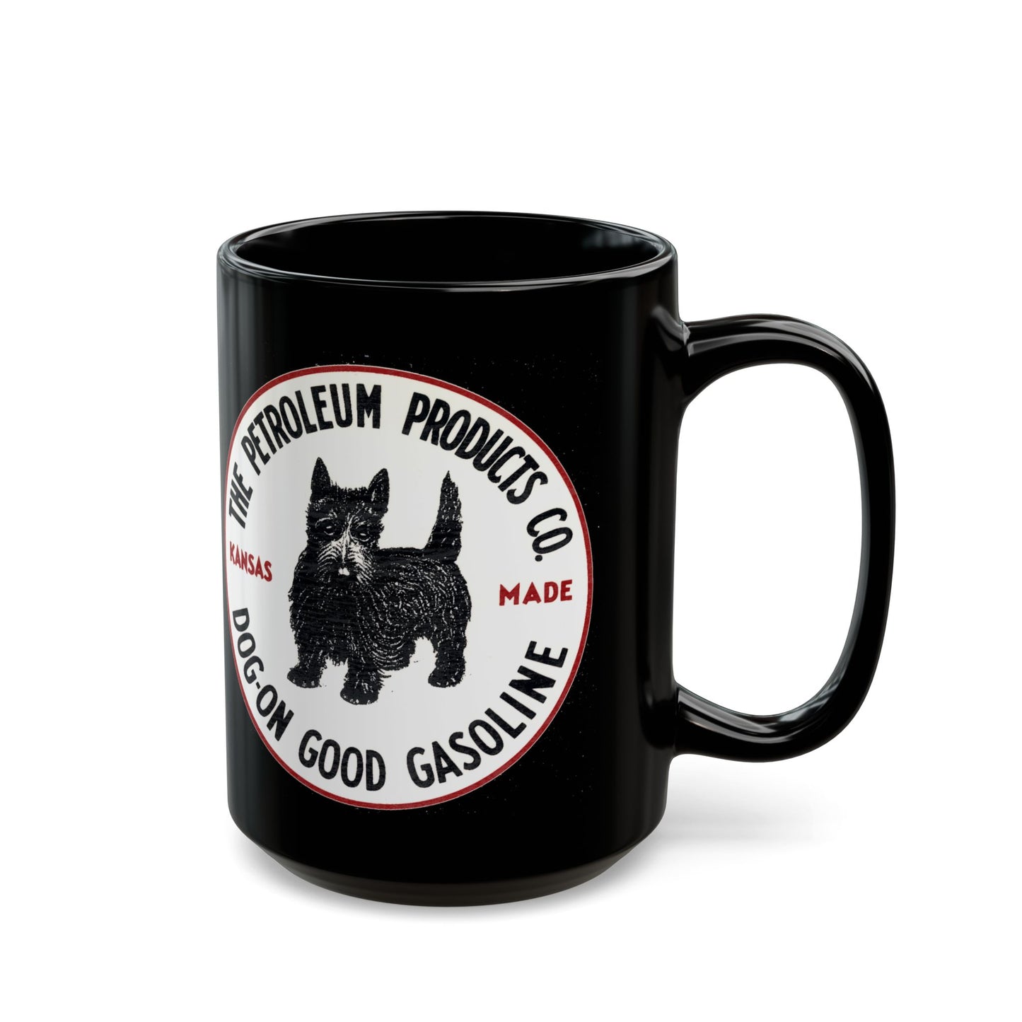 Dog-On Good Gasoline black coffee mug lifestyle — vintage petroliana gift — The Faded Label Co.