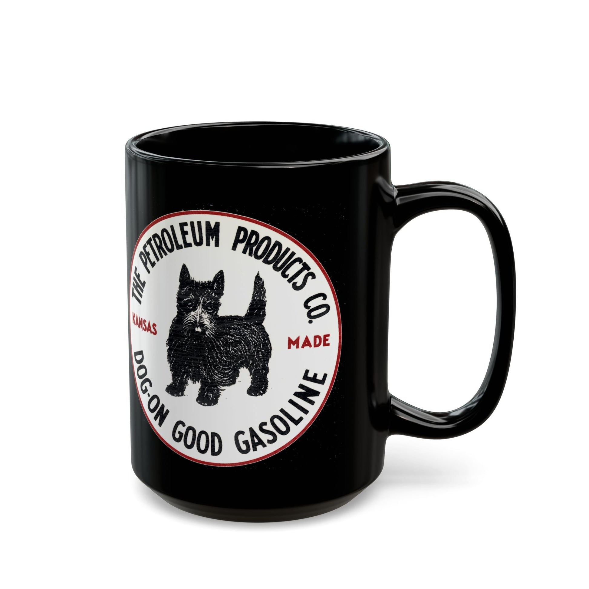 Dog-On Good Gasoline black coffee mug lifestyle — vintage petroliana gift — The Faded Label Co.