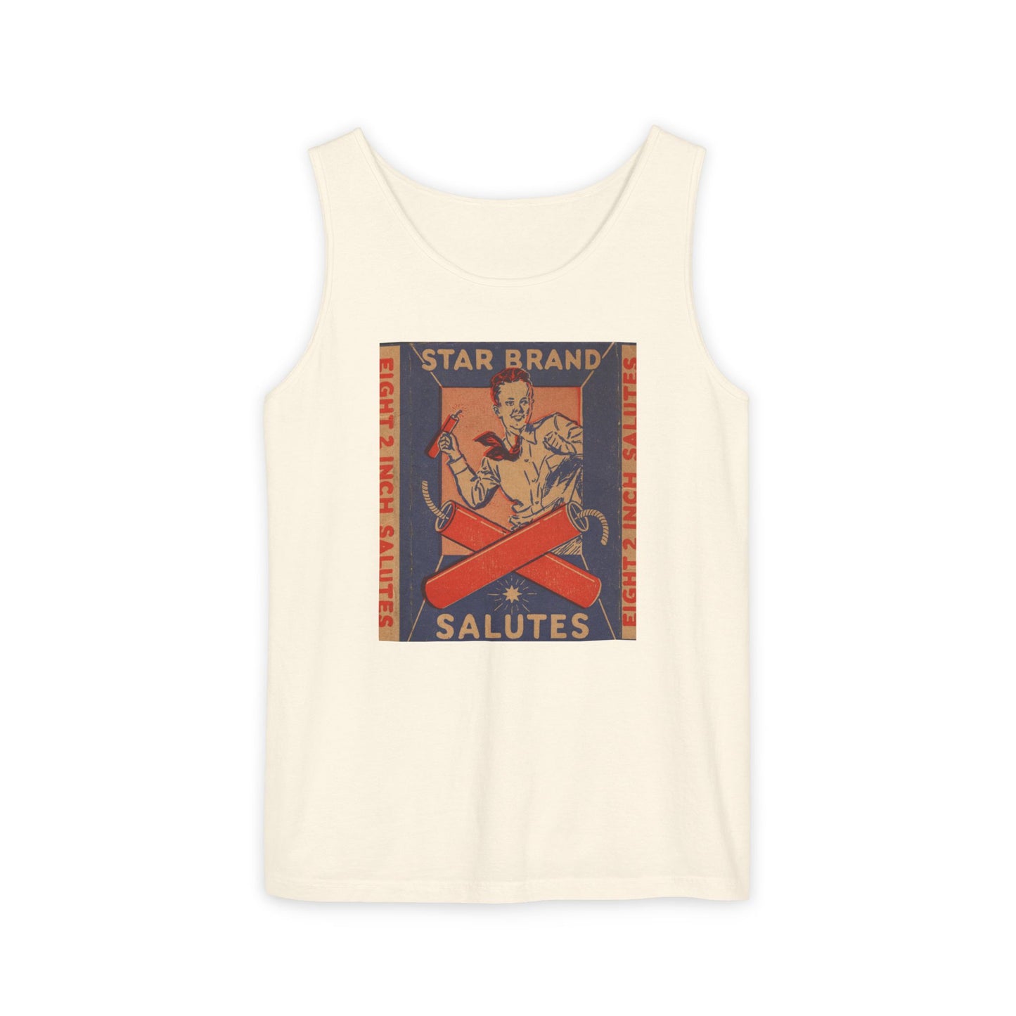 Star Brand Salutes tank top white — vintage fireworks label art — The Faded Label Co.