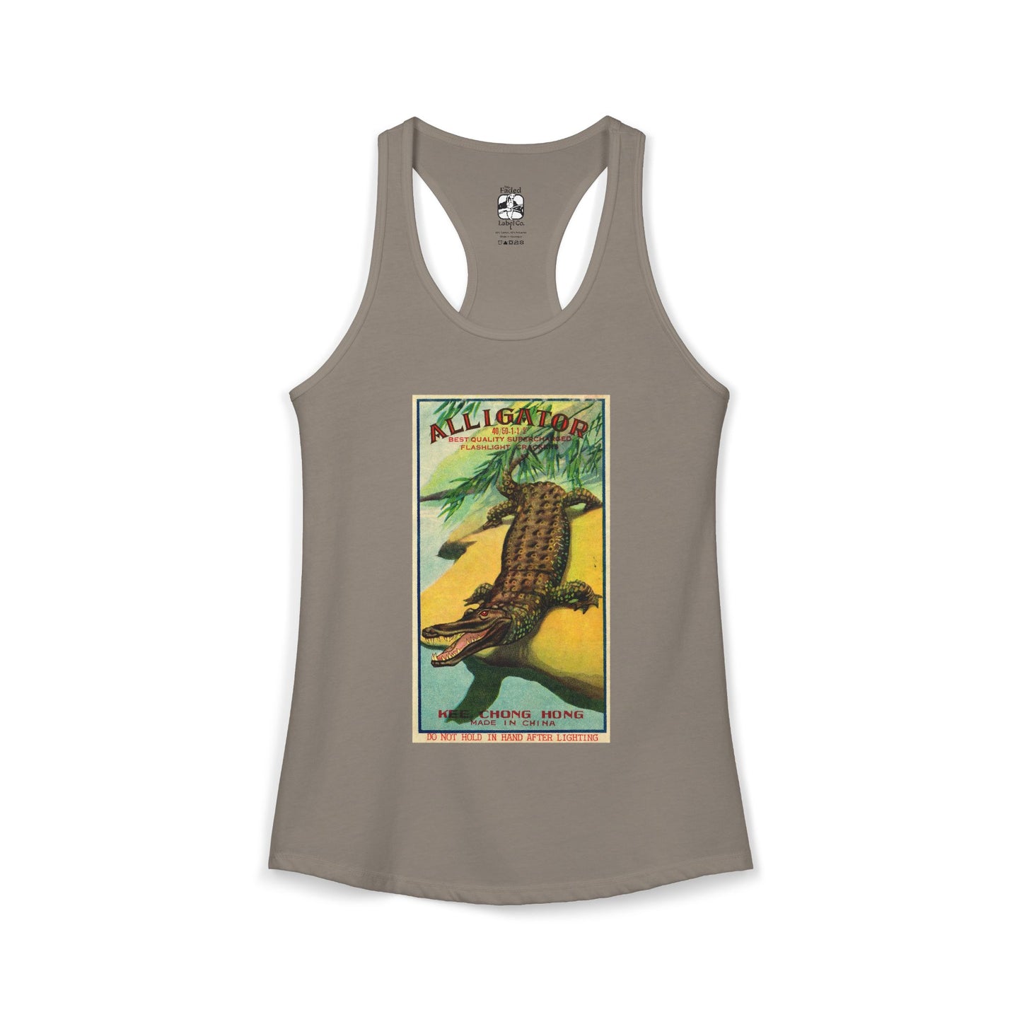 Alligator Firecrackers racerback tank warm gray — 4th of July women's summer tank — The Faded Label Co.