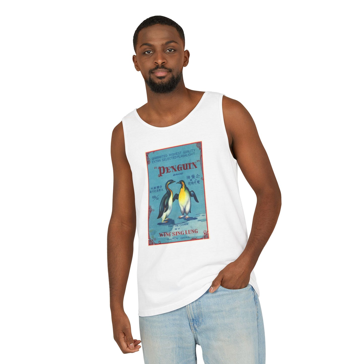 Penguin Brand Firecrackers tank top sand — firecracker label collector gift — The Faded Label Co.