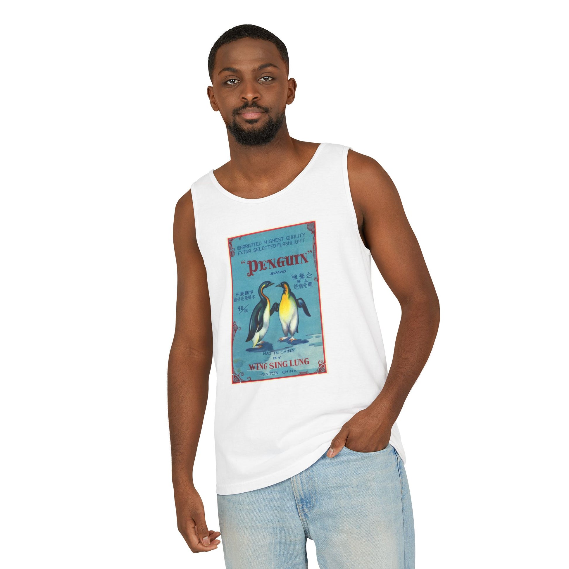 Penguin Brand Firecrackers tank top sand — firecracker label collector gift — The Faded Label Co.