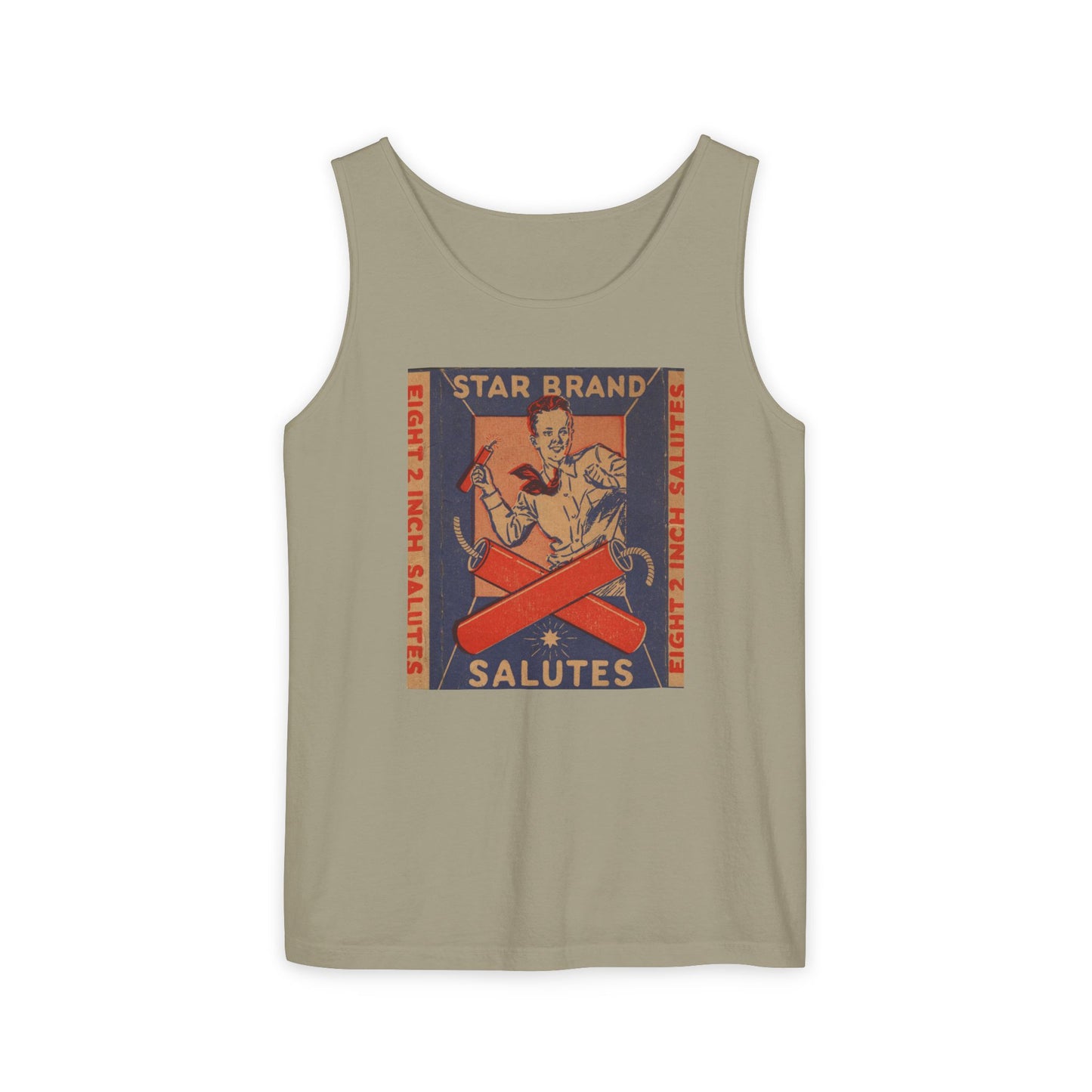 Star Brand Salutes tank top butter — vintage fireworks label art — The Faded Label Co.
