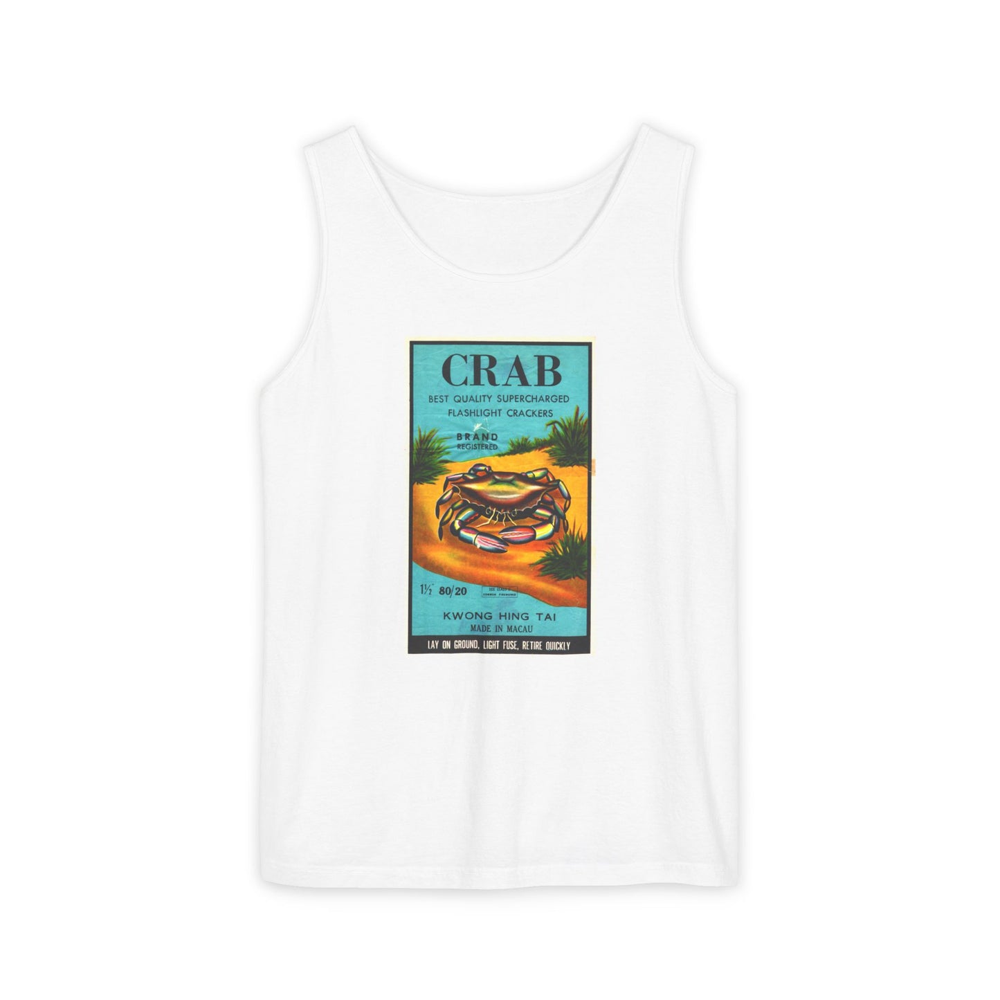 Crab Brand Firecrackers tank top chambray — America's 250th anniversary apparel — The Faded Label Co.