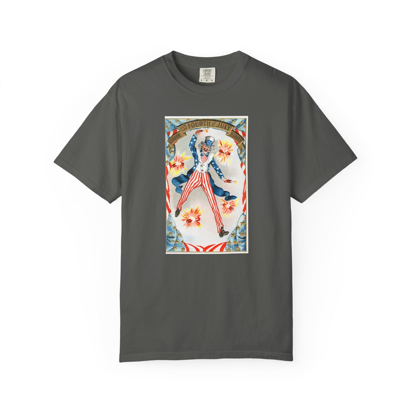 Hurrah Fourth of July Uncle Sam t-shirt chambray — vintage patriotic postcard art — The Faded Label Co.