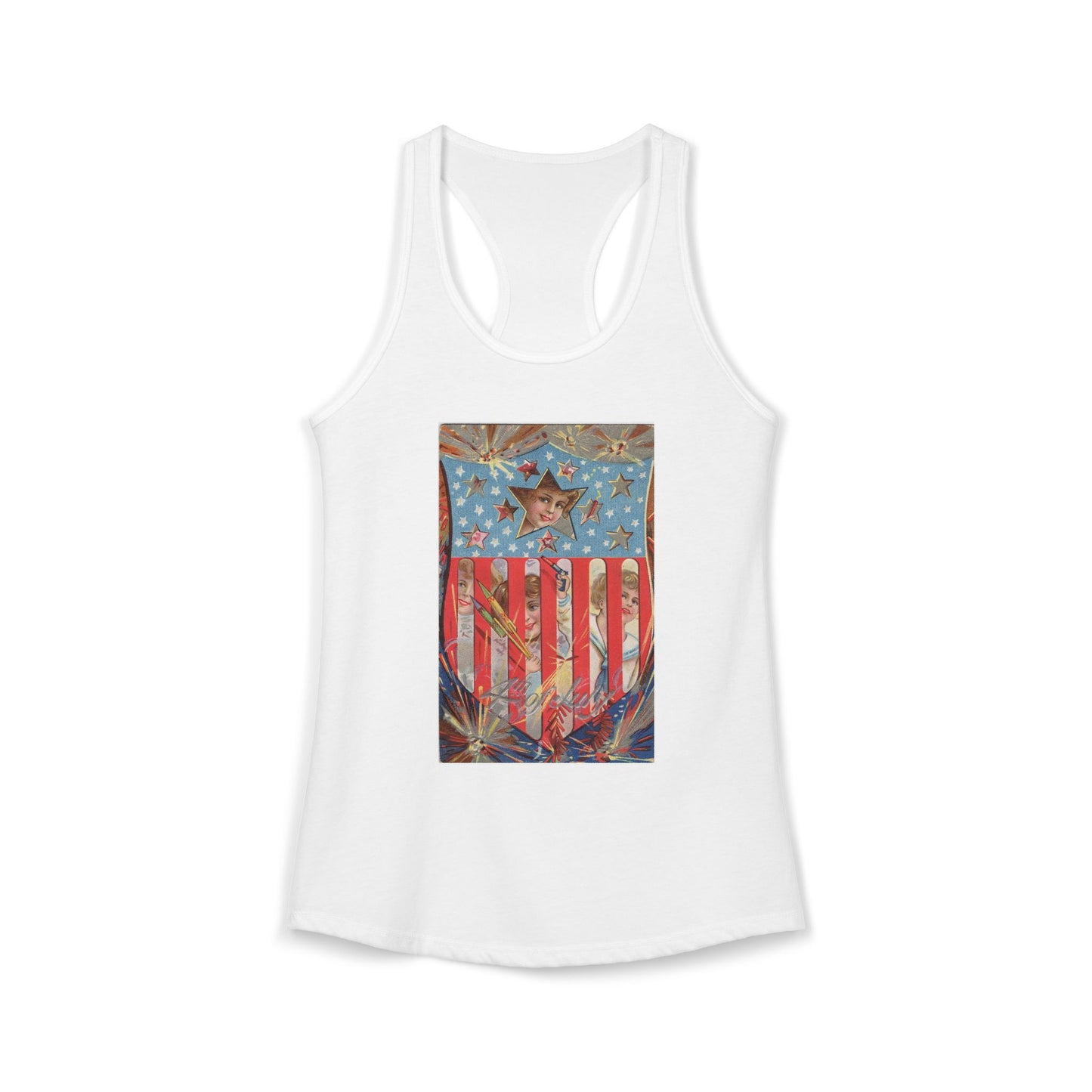 4th of July Shield Girls racerback tank midnight navy — vintage embossed patriotic postcard art — The Faded Label Co.