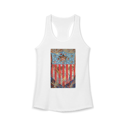 4th of July Shield Girls racerback tank midnight navy — vintage embossed patriotic postcard art — The Faded Label Co.