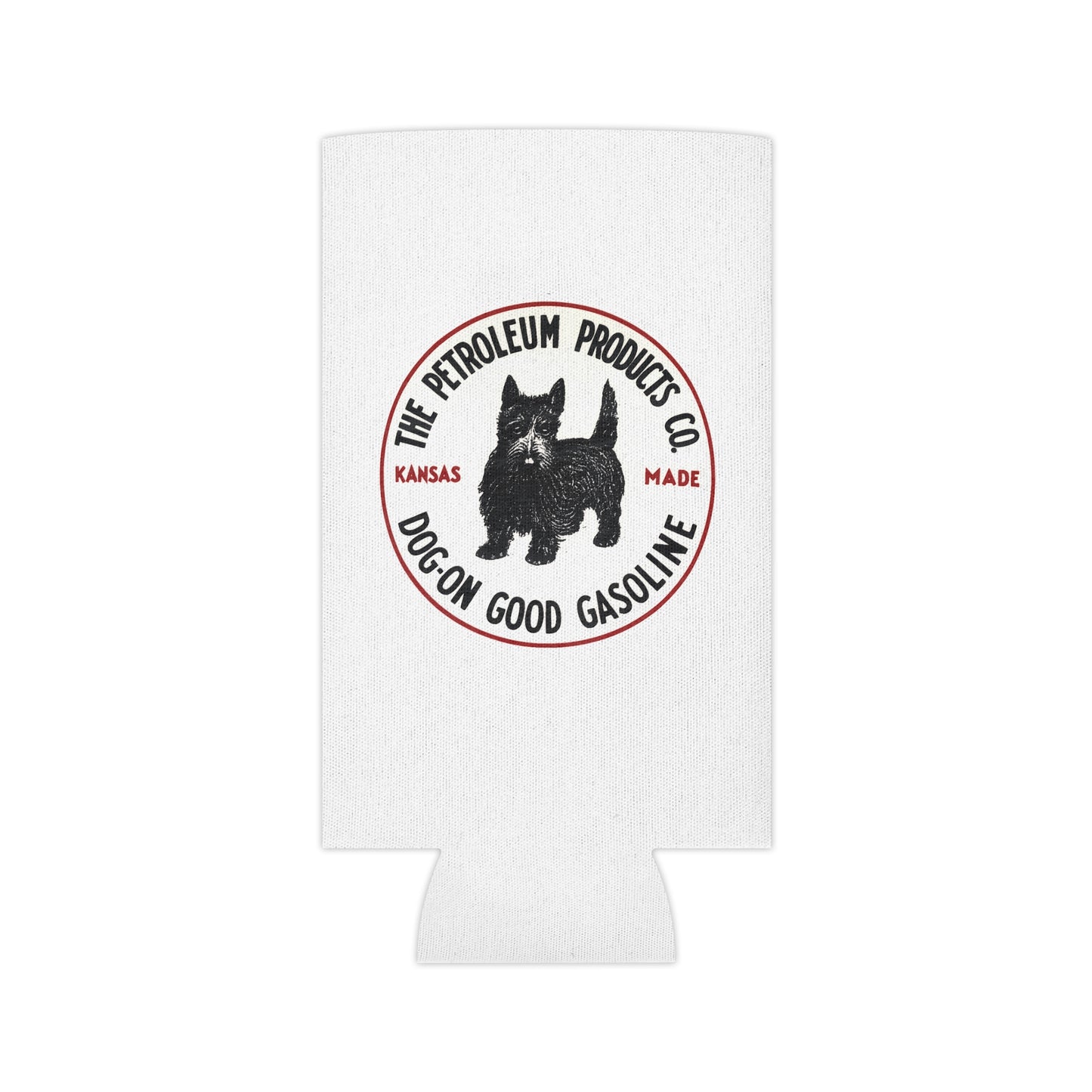 Dog-On Good Gasoline can cooler side view — Kansas petroleum brand drinkware — The Faded Label Co.