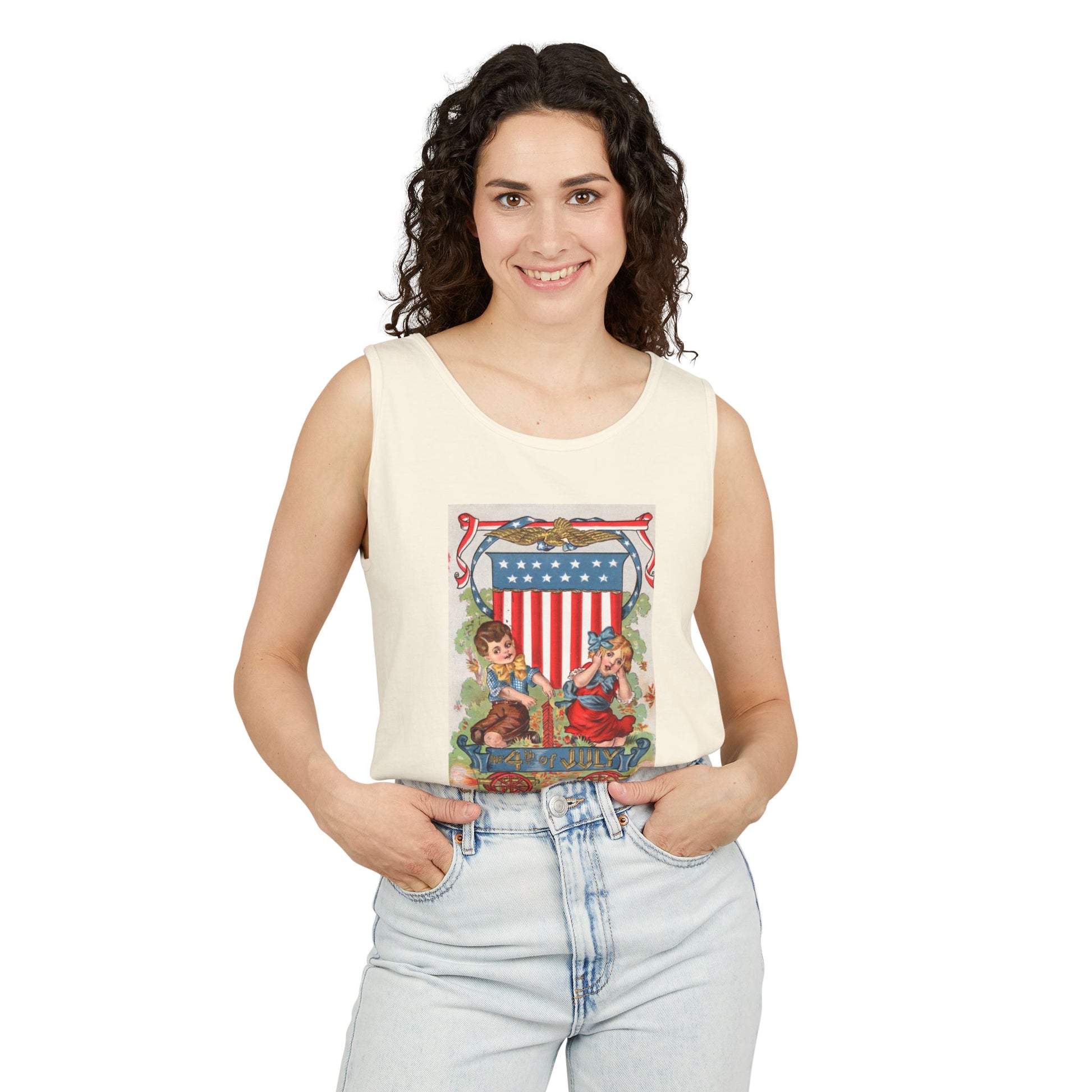 1908 Fourth of July Wagon tank top on model — vintage 4th of July graphic tank — The Faded Label Co.