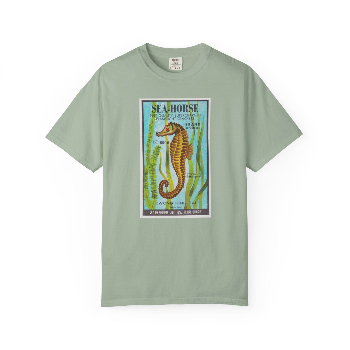Seahorse Brand Firecrackers t-shirt Blue Jean — vintage Independence Day Comfort Colors tee — The Faded Label Co.