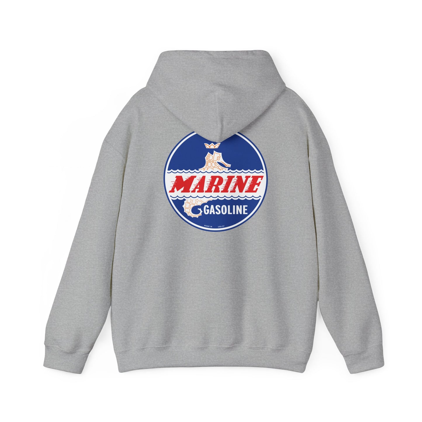 Marine Gasoline Logo Hoodie — Retro Nautical Engine Club Sweatshirt