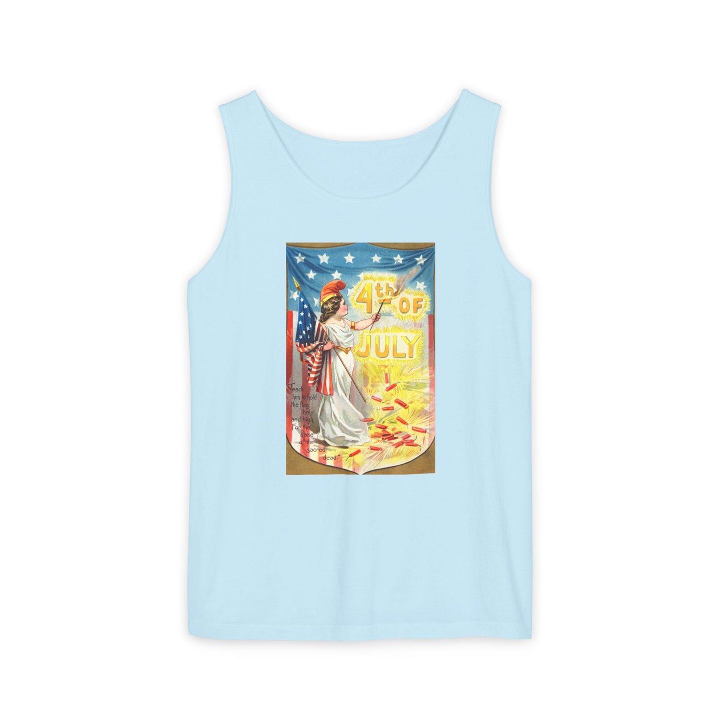 4th of July Flag Girl tank top crimson — vintage Columbia patriotic postcard art — The Faded Label Co.