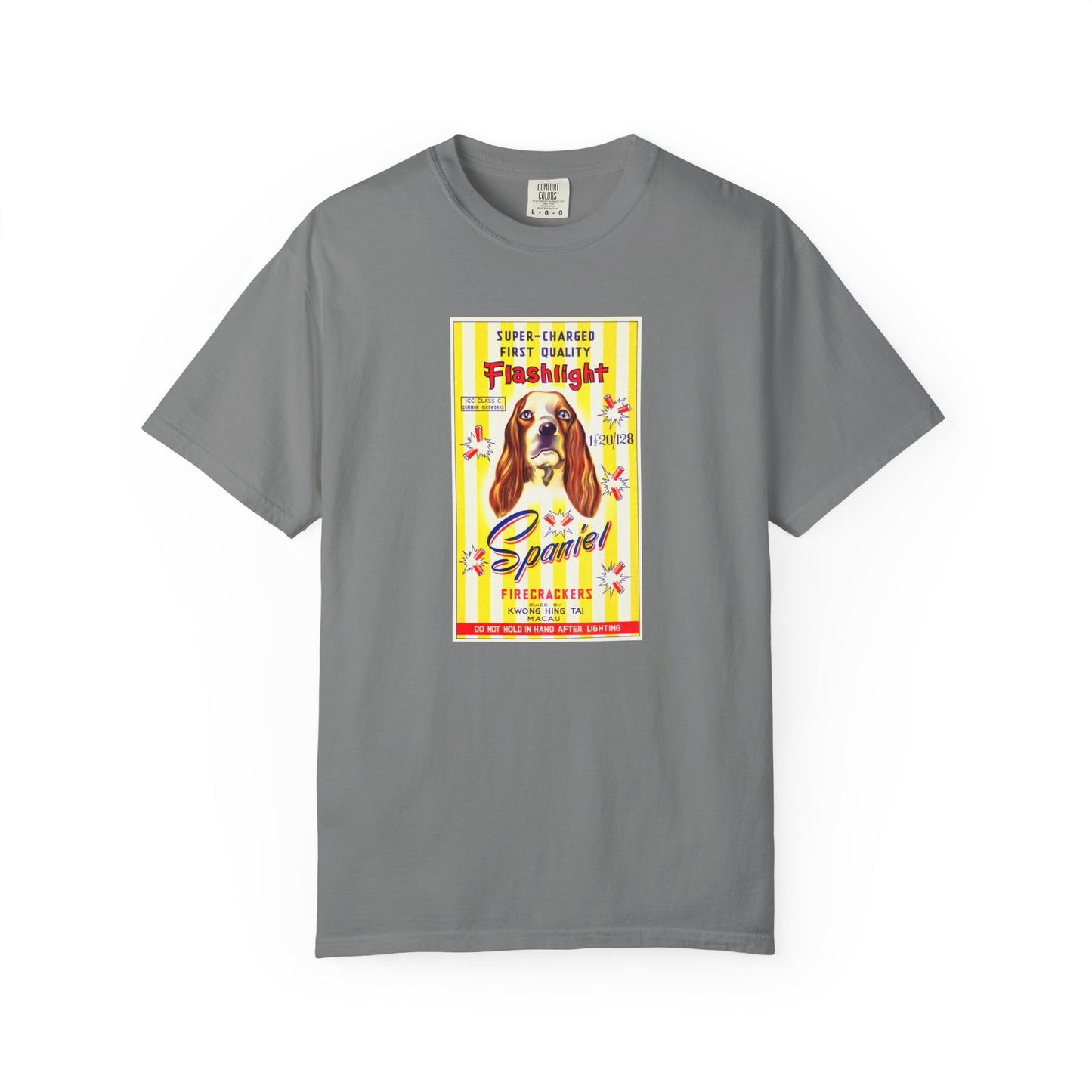 Spaniel Brand Firecrackers t-shirt Blue Jean — vintage fireworks art garment-dyed tee — The Faded Label Co.