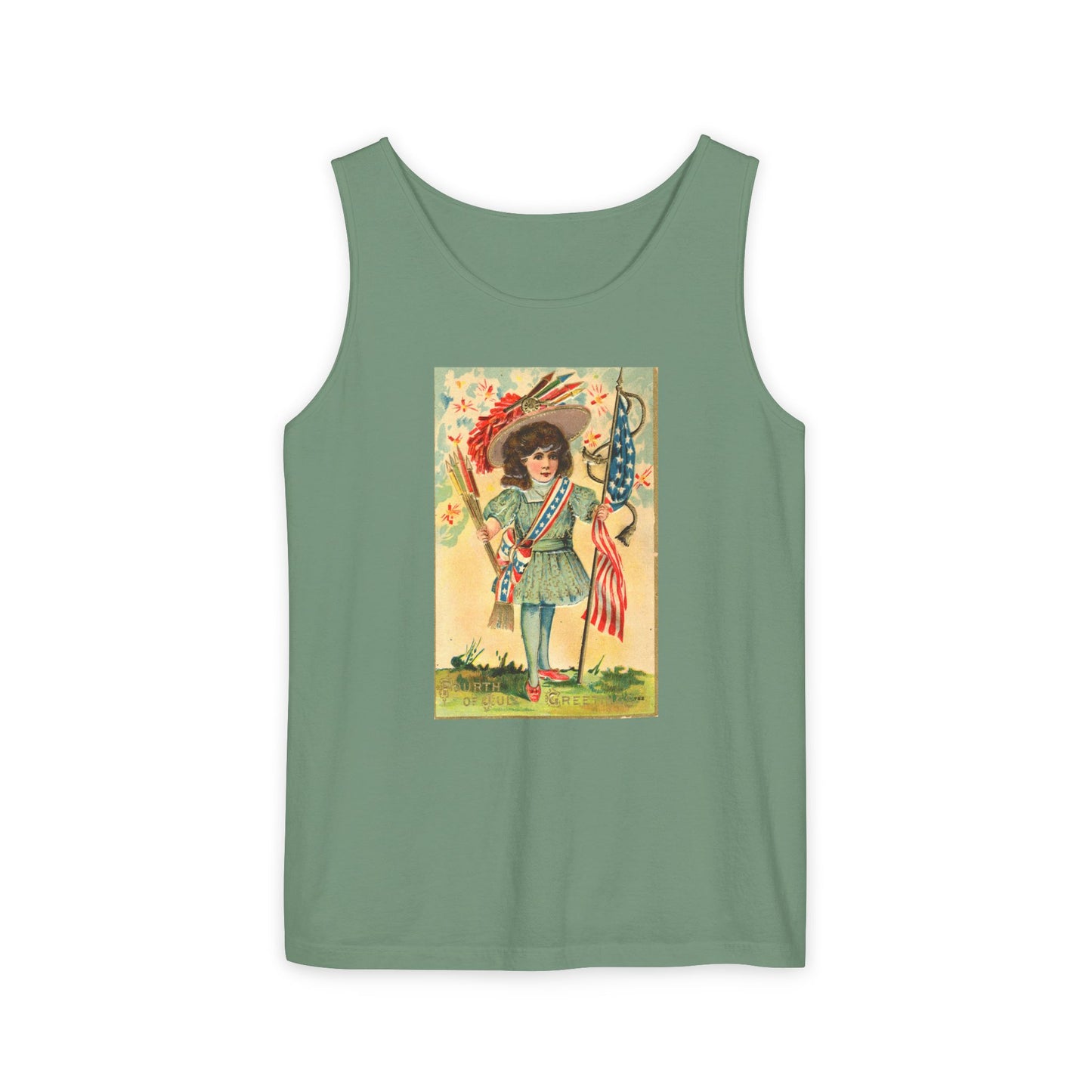4th of July Patriotic Girl tank top denim — vintage patriotic postcard art — The Faded Label Co.