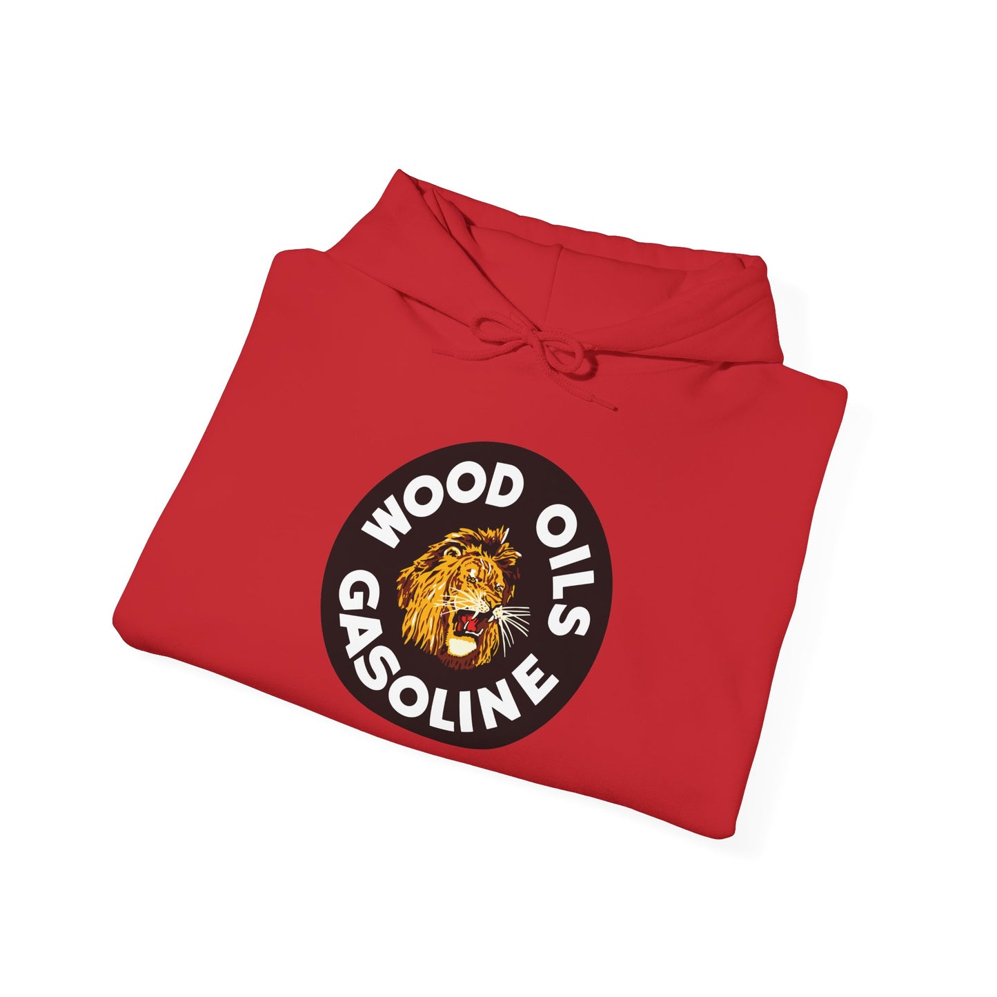 Lion Emblem Gasoline Hoodie — 'Wood Oils Gasoline' Retro Logo Sweatshirt