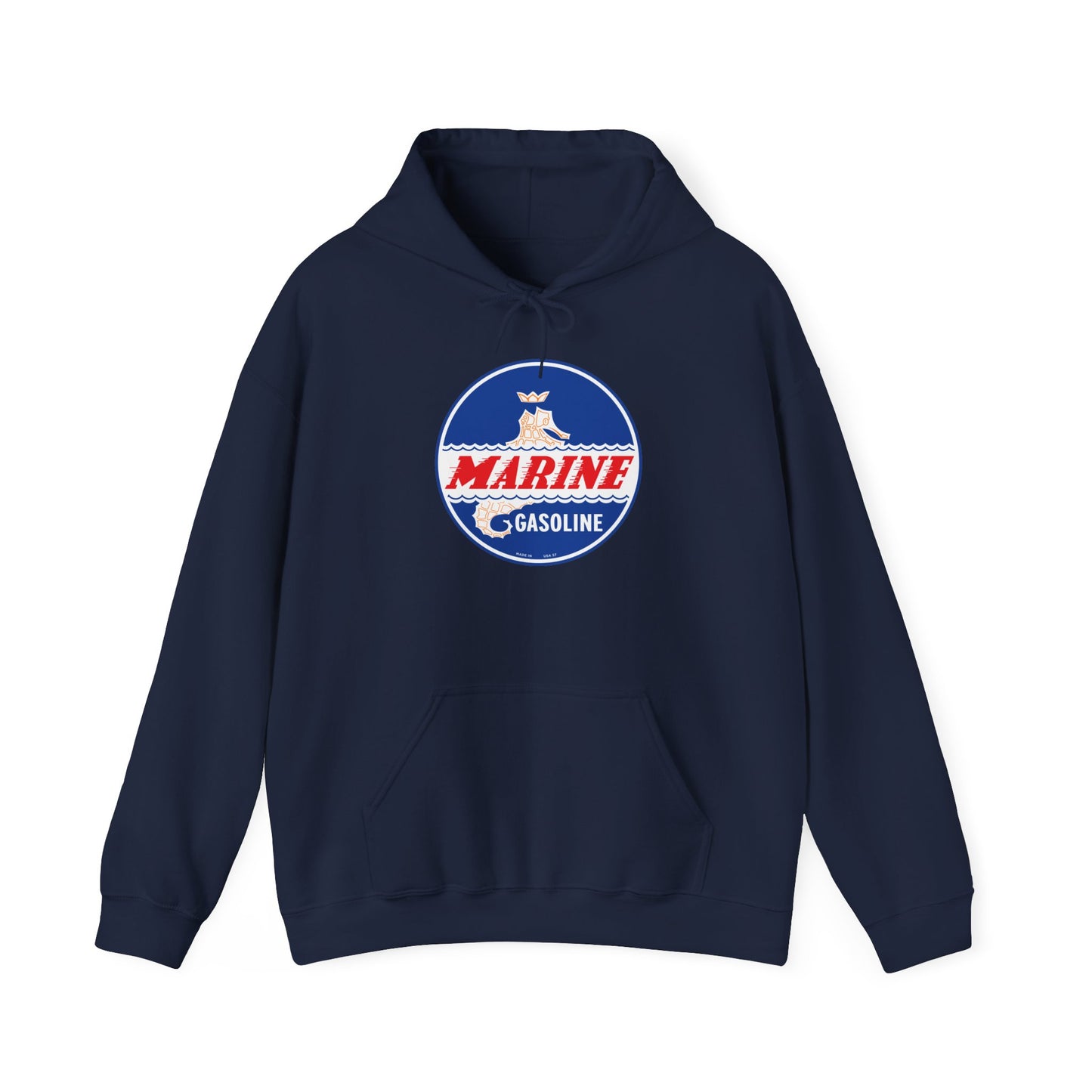 Marine Gasoline Logo Hoodie — Retro Nautical Engine Club Sweatshirt