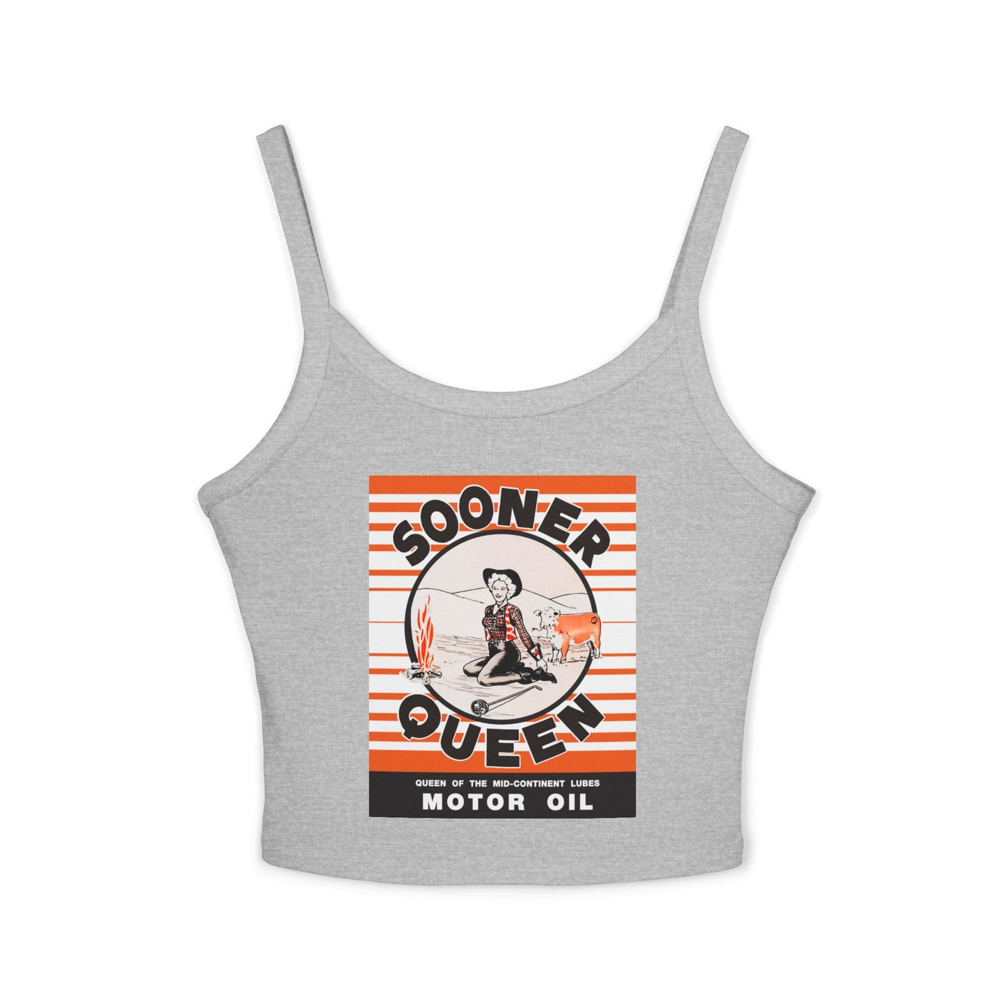 Sooner Queen Motor Oil crop tank white — Oklahoma petroliana apparel — The Faded Label Co.