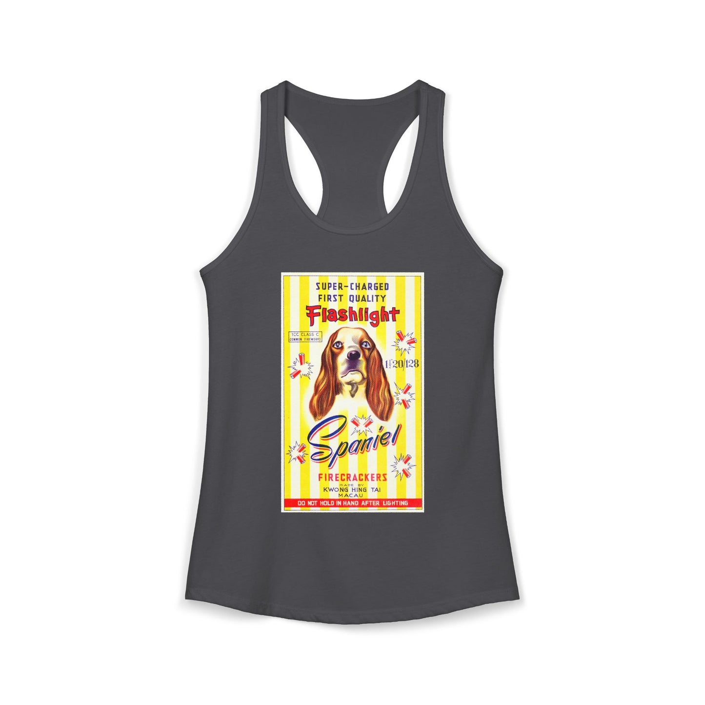 Spaniel Brand Firecrackers racerback tank white — mid-century fireworks packaging art — The Faded Label Co.