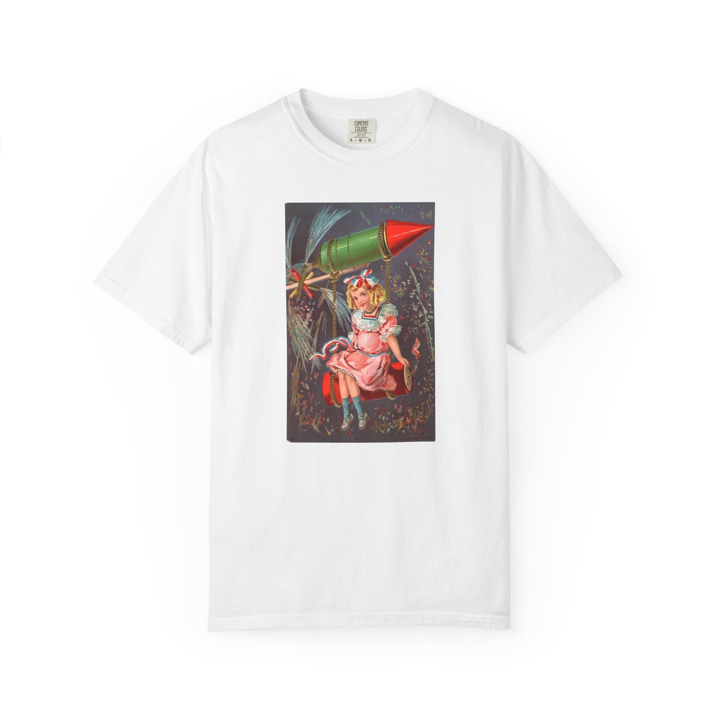 1907 Rocket Girl t-shirt white — vintage 4th of July postcard art — The Faded Label Co.