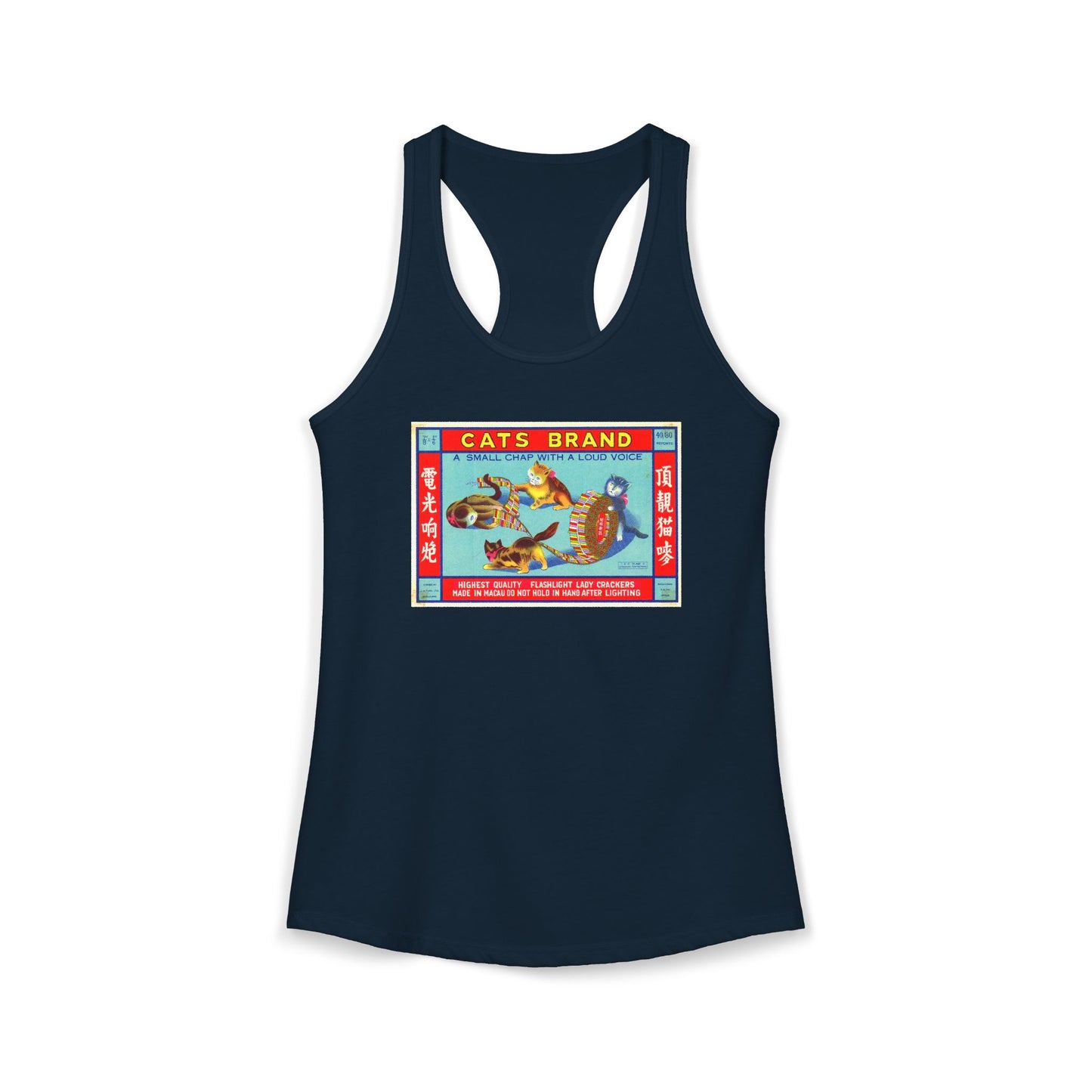 Cat Brand Firecrackers racerback tank navy — America's 250th anniversary apparel — The Faded Label Co.