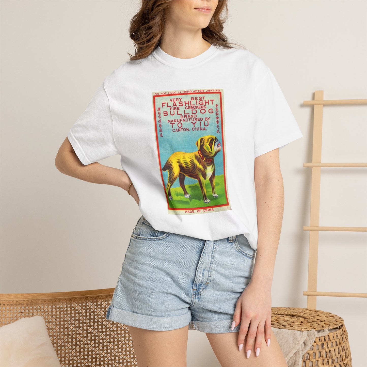 Bulldog Brand Firecrackers t-shirt folded — Comfort Colors garment-dyed fireworks art tee — The Faded Label Co.