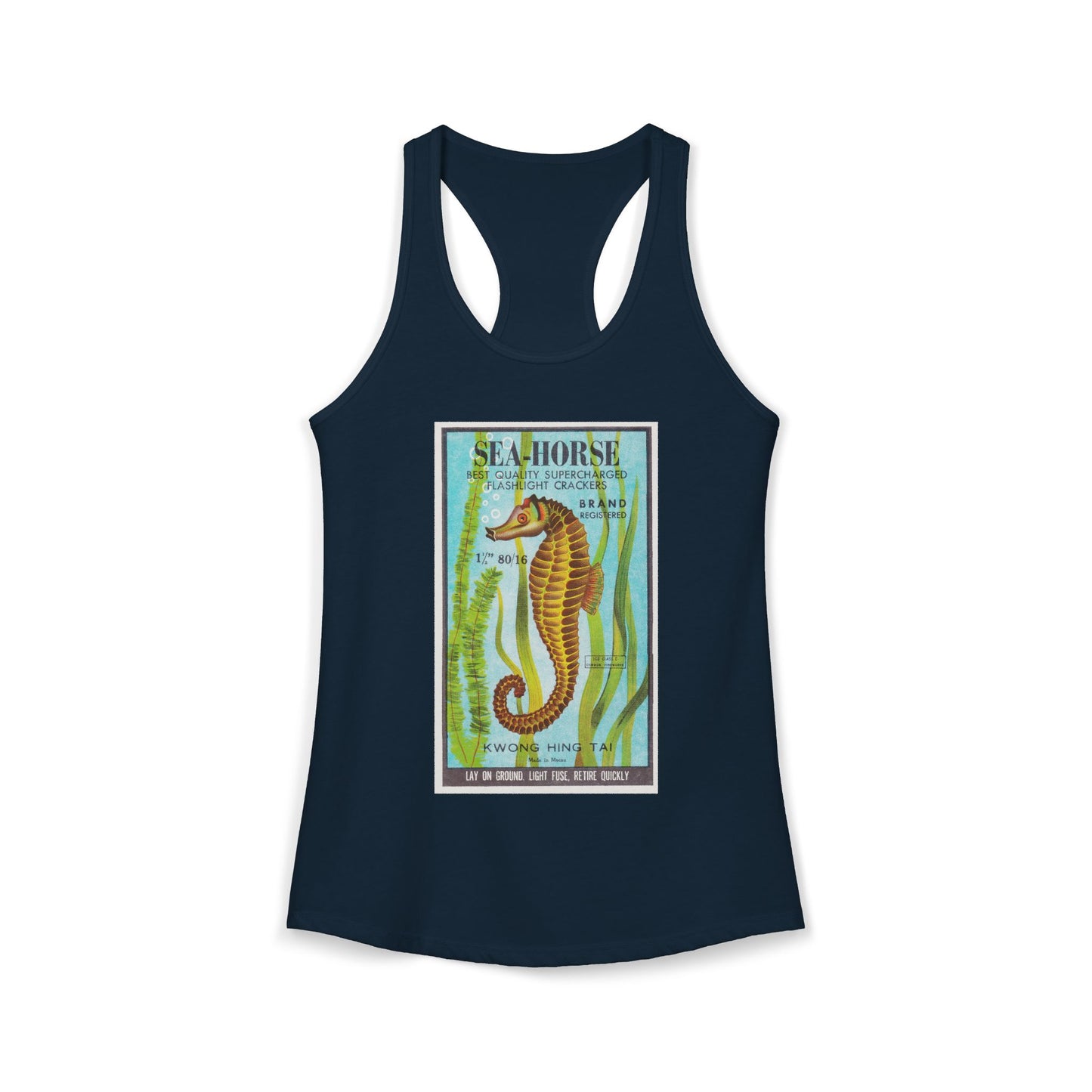 Seahorse Brand Firecrackers racerback tank red — vintage firecracker label graphic — The Faded Label Co.
