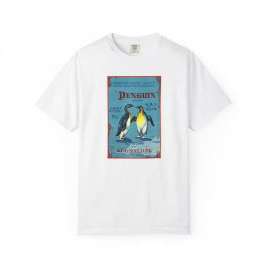 Penguin Brand Firecrackers t-shirt White — vintage 4th of July fireworks label tee — The Faded Label Co.