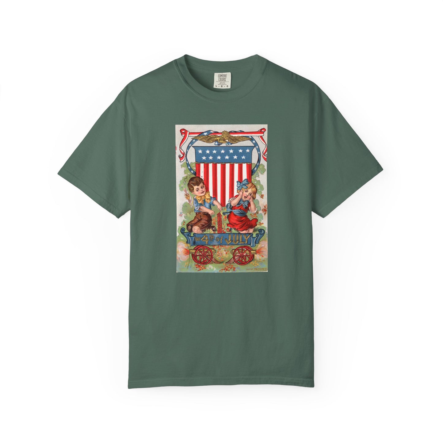 1908 Fourth of July Wagon t-shirt chambray — vintage patriotic postcard art — The Faded Label Co.