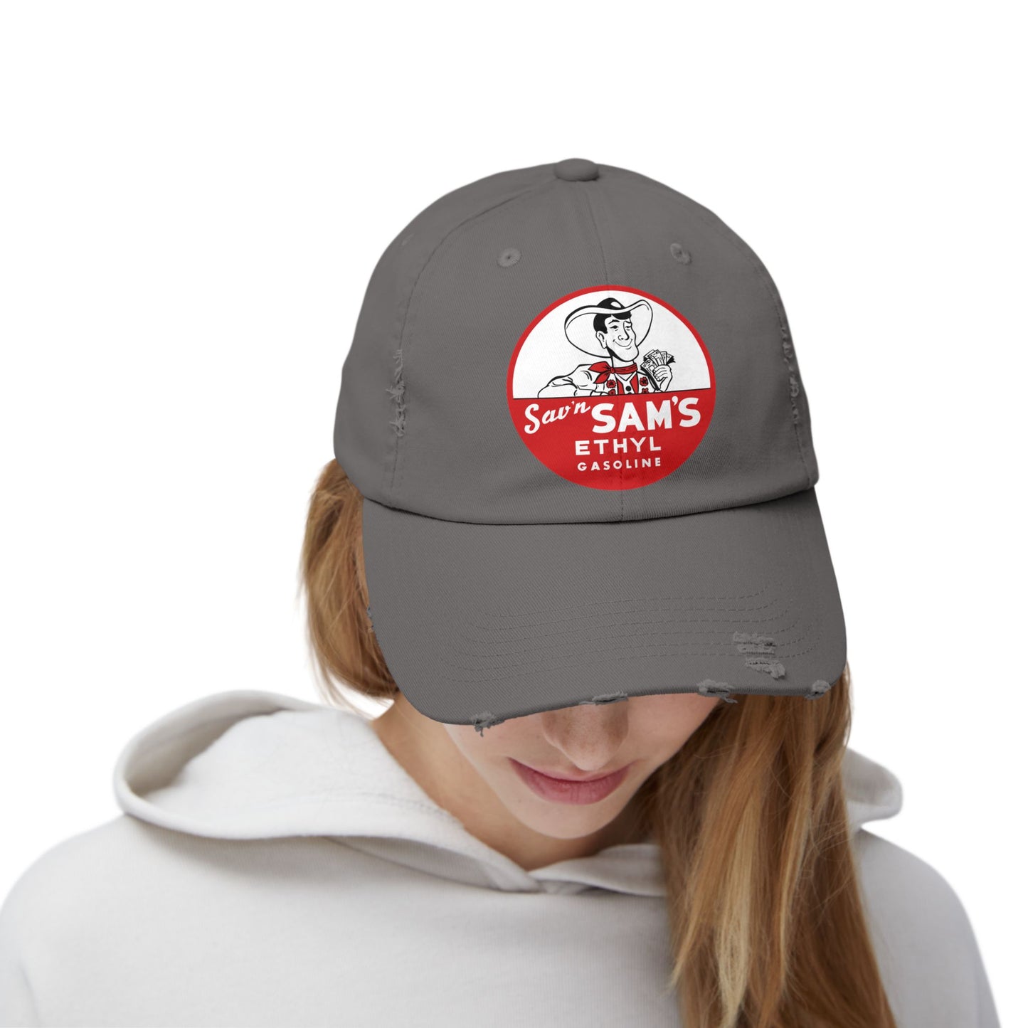 sams ethyl Distressed Gasoline Logo Cap — "Sam's Ethyl" Vintage Trucker Hat